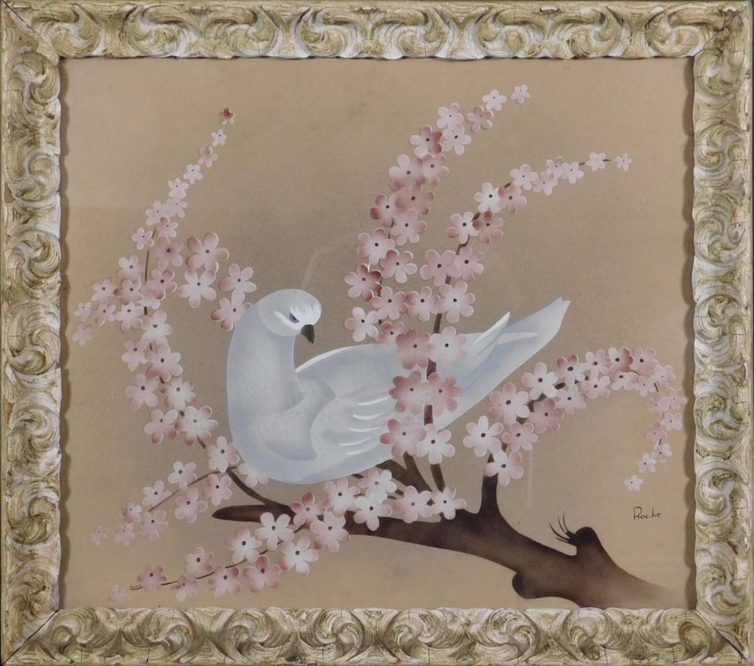 Dove Pochoir Print: 20th century pochoir print on paper, signed Roche bottom right, framed. 13 1/2 x 15 1/2" paper, 16 x 18" frame Private Collection, New England good condition NOTE: If documentation is not listed, the