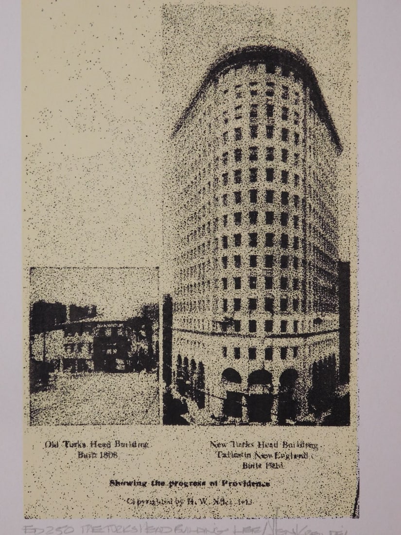 Lee Kreindel: The Turks Head Building: Lee Kreindel: The Turks Head Building, silkscreen on paper, edition of 250, signed, unframed. From seventh annual RISD (Rhode Island School of Design) silkscreen portfolio in 1976. 20x16 in. paper