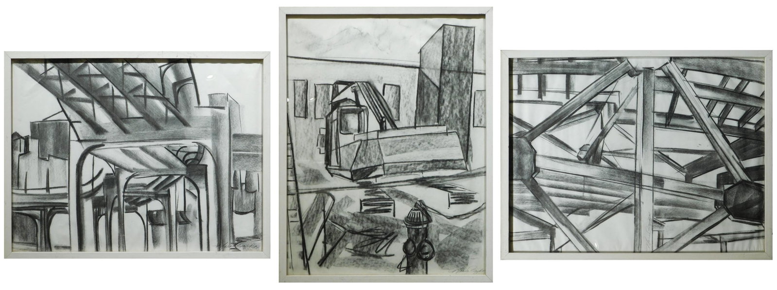 Maria Razika: Big Dig Construction Site Triptych: Maria Razika: Big Dig Construction Site. Three charcoal drawings on paper, signed lower right, framed. Frame size is 25x19 inches each. Private collection, Boston. Good condition, minor scuffs on the 