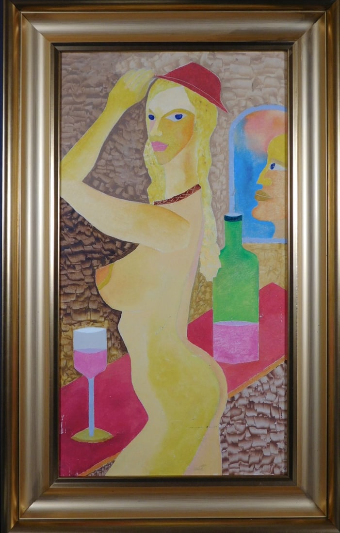 Angelov: Woman Posing in Red Hat: Angelov: Woman Posing in Red Hat. Oil on masonite, initialed lower right, framed. 29x19 in Framed. 27x17 in Board Private Collection, New England Fair condition, some paint loss and scratches. NOTE: