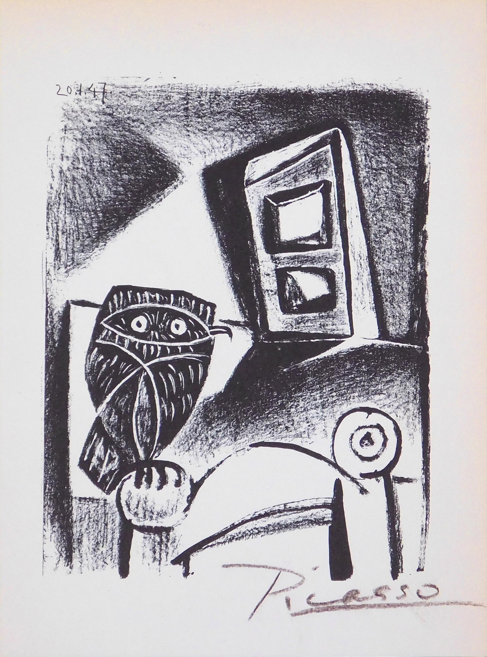 Style of Pablo Picasso: Owl on a Chair: Style of Pablo Picasso Spanish, 1881-1973) : Owl on a Chair. Helio-lithograph, signed in crayon below, unframed, limited edition print published by Galerie Louis Leiris, Paris; A. Zwemmer, London;