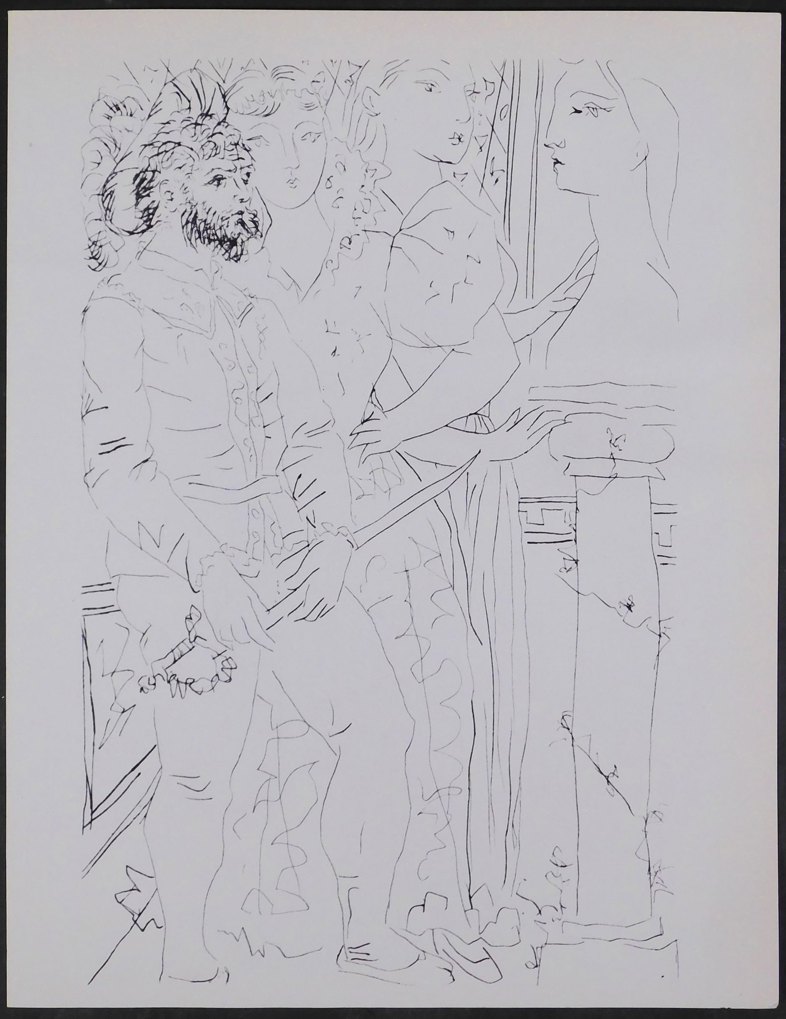 Style of Pablo Picasso: Costumed figures and sculpted Head and Four Nude Models and a Sculpted Head: Style of Pablo Picasso Spanish, 1881-1973) : Costumed figures and sculpted Head and Four Nude Models and a Sculpted Head. Double sided helio-lithograph, signed in crayon below, unframed, limited