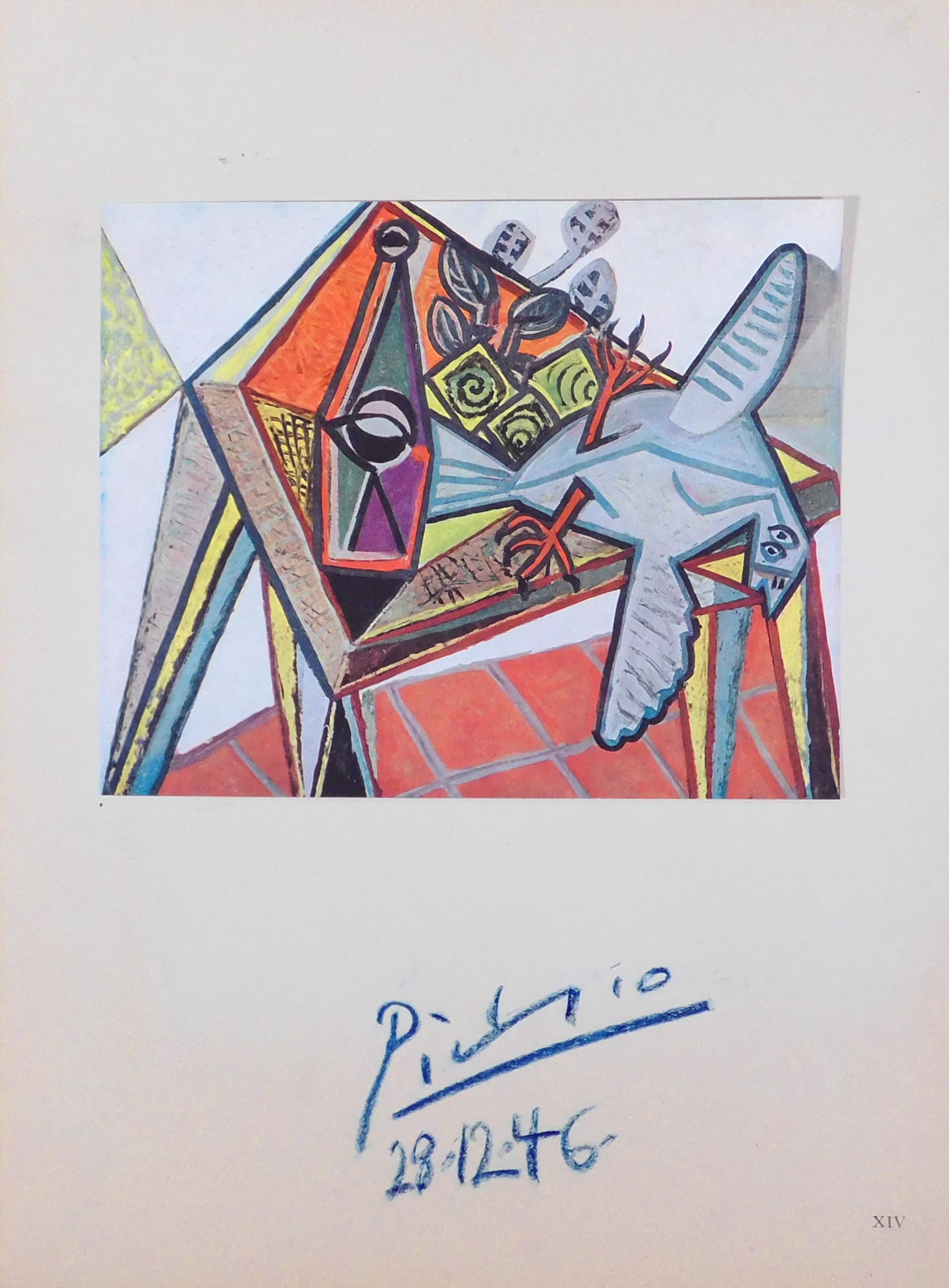 Style of Pablo Picasso: Still Life (Dove): Style of Pablo Picasso Spanish, 1881-1973) : Still Life (Dove). Offset lithograph on paper mounted to heavy paper, signed and dated (28.2.46) in crayon below, unframed. 14.75 x 11 inches with