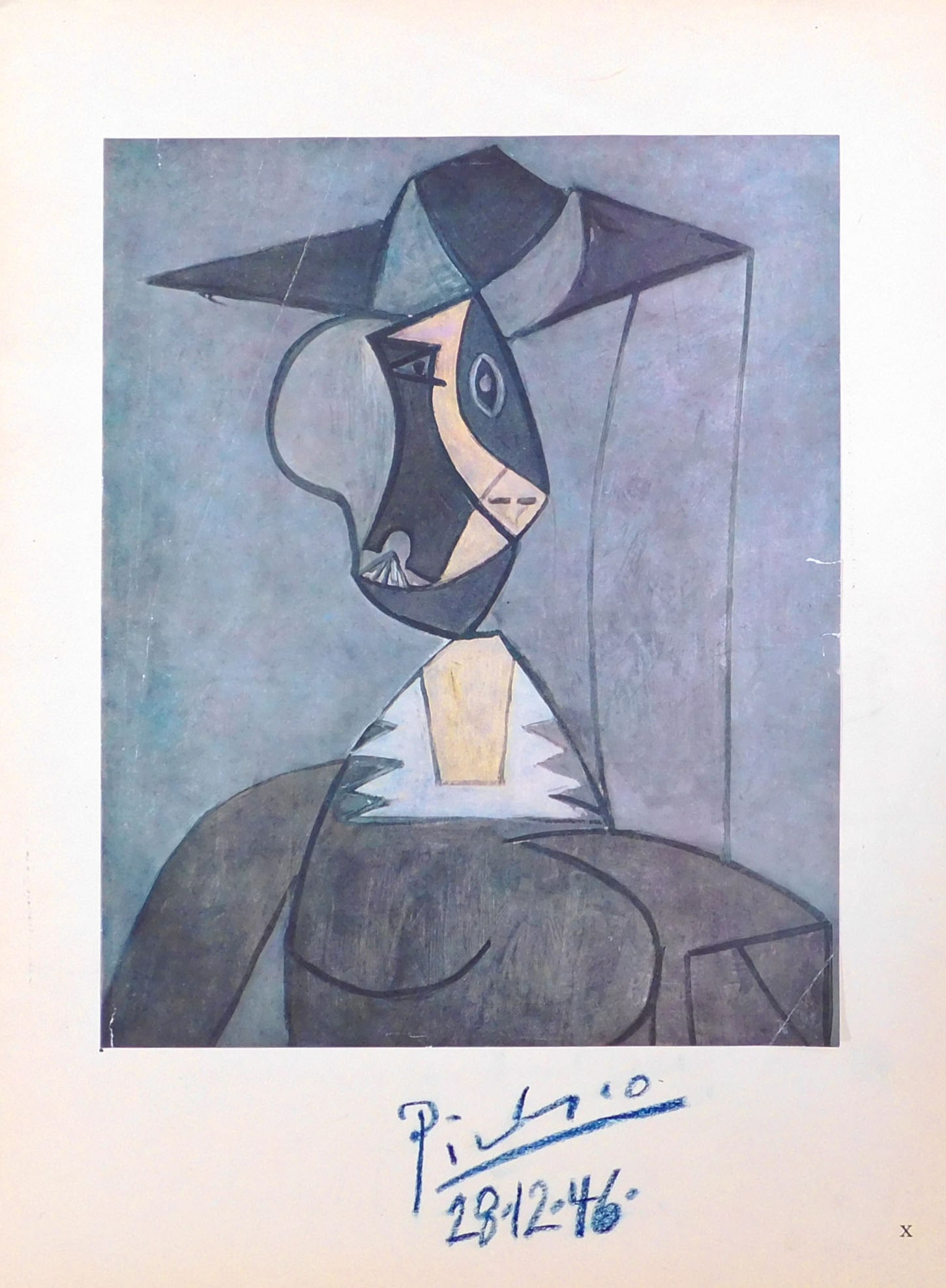 Style of Pablo Picasso: Femme au chapeau: Style of Pablo Picasso Spanish, 1881-1973) : Femme au chapeau. Offset lithograph on paper mounted to heavy paper, signed and dated (28.2.46) in crayon below, unframed. 14.75 x 11 inches with margins;