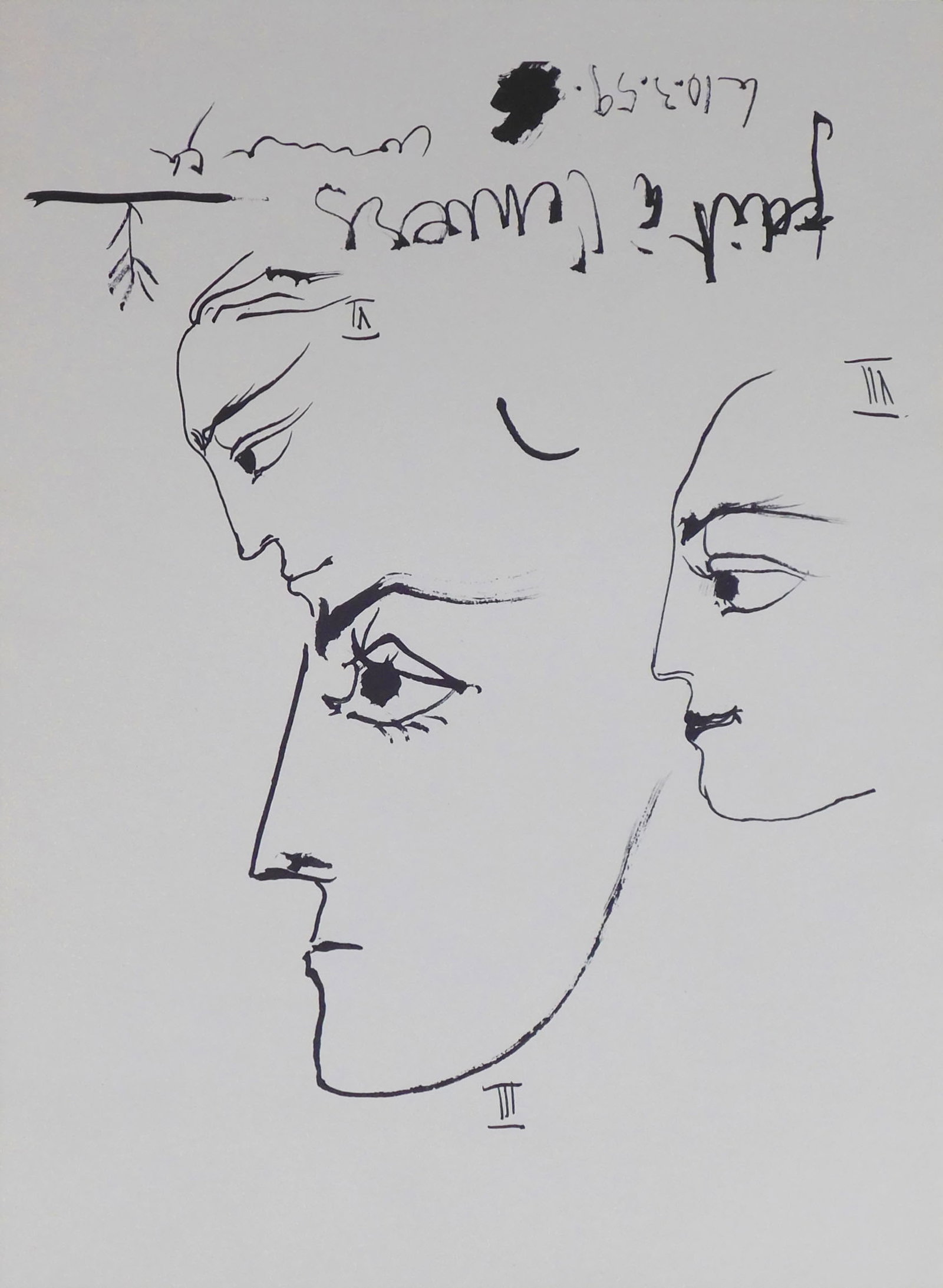 Pablo Picasso: Three Faces: Pablo Picasso (Spanish, 1881-1973): Three Faces. Offset lithograph on heavy paper, unframed. Verso is marked in pencil by previous owner. 14.5 x 10.5 inches paper. Collection of a California