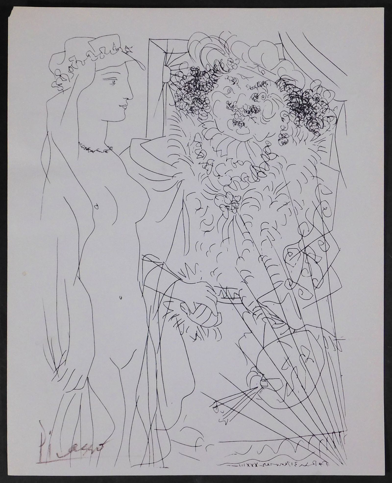 Style of Pablo Picasso: Nude and Self-portrait of Rembrandt/ Young woman and Self-portrait of: Style of Pablo Picasso (Spanish, 1881-1973): Nude and Self-portrait of Rembrandt/ Young woman and Self-portrait of Rembrandt. Double sided helio-lithograph, signed in crayon, unframed, limited