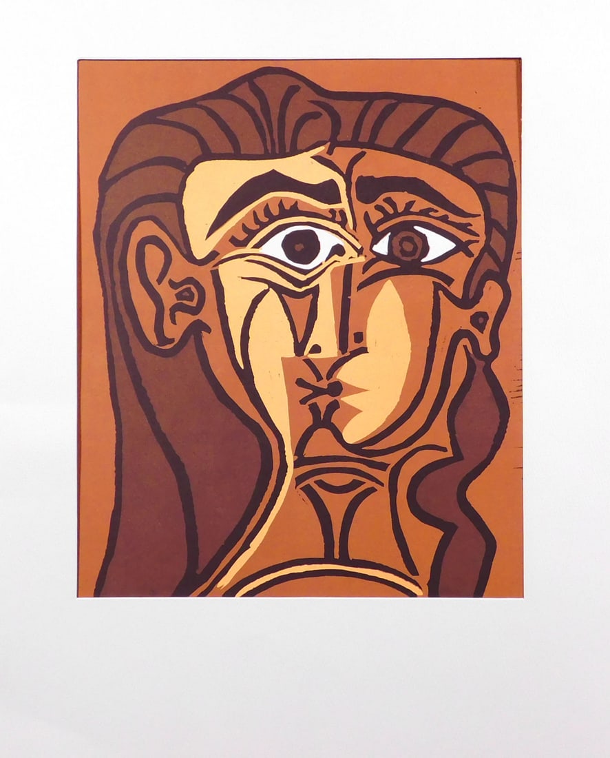 Pablo Picasso: Head of a Woman, Brown: Pablo Picasso (Spanish, 1881-1973): Head of a Woman, Brown. Offset lithograph on paper, unsigned, unframed, with custom mat, printed by Trenton Inc, NYC after a series of Linocuts by Picasso. 18 x 14