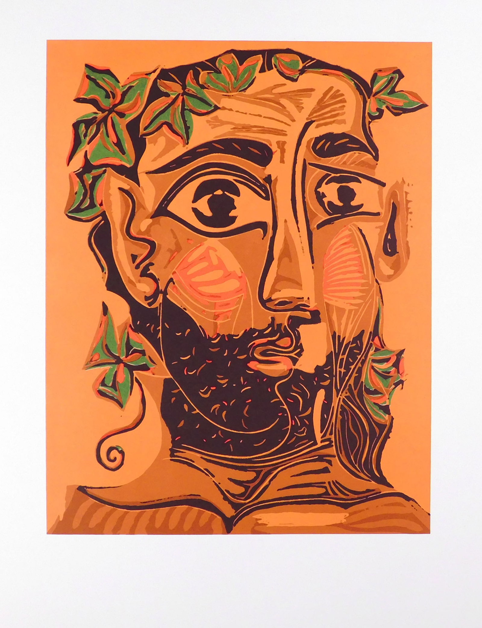 Pablo Picasso: Bearded Man with Crown of Leaves: Pablo Picasso (Spanish, 1881-1973): Bearded Man with Crown of Leaves. Offset lithograph on paper, unsigned, unframed, with custom mat, printed by Trenton Inc, NYC after a series of Linocuts by