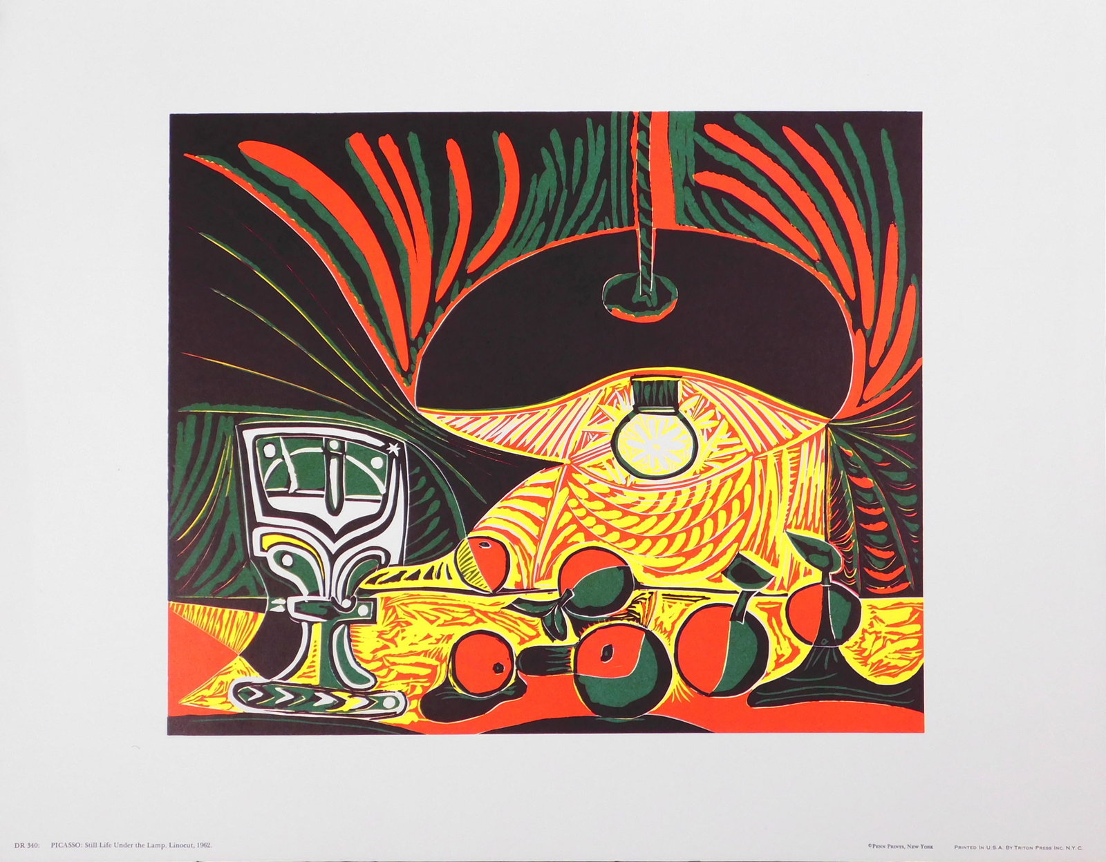After Pablo Picasso: Still Life Under Lamp: After Pablo Picasso (Spanish, 1881-1973): Still Life Under Lamp. Offset lithograph on paper, unsigned, unframed, with custom mat, printed by Trenton Inc, NYC after a series of Linocuts by Picasso. 14