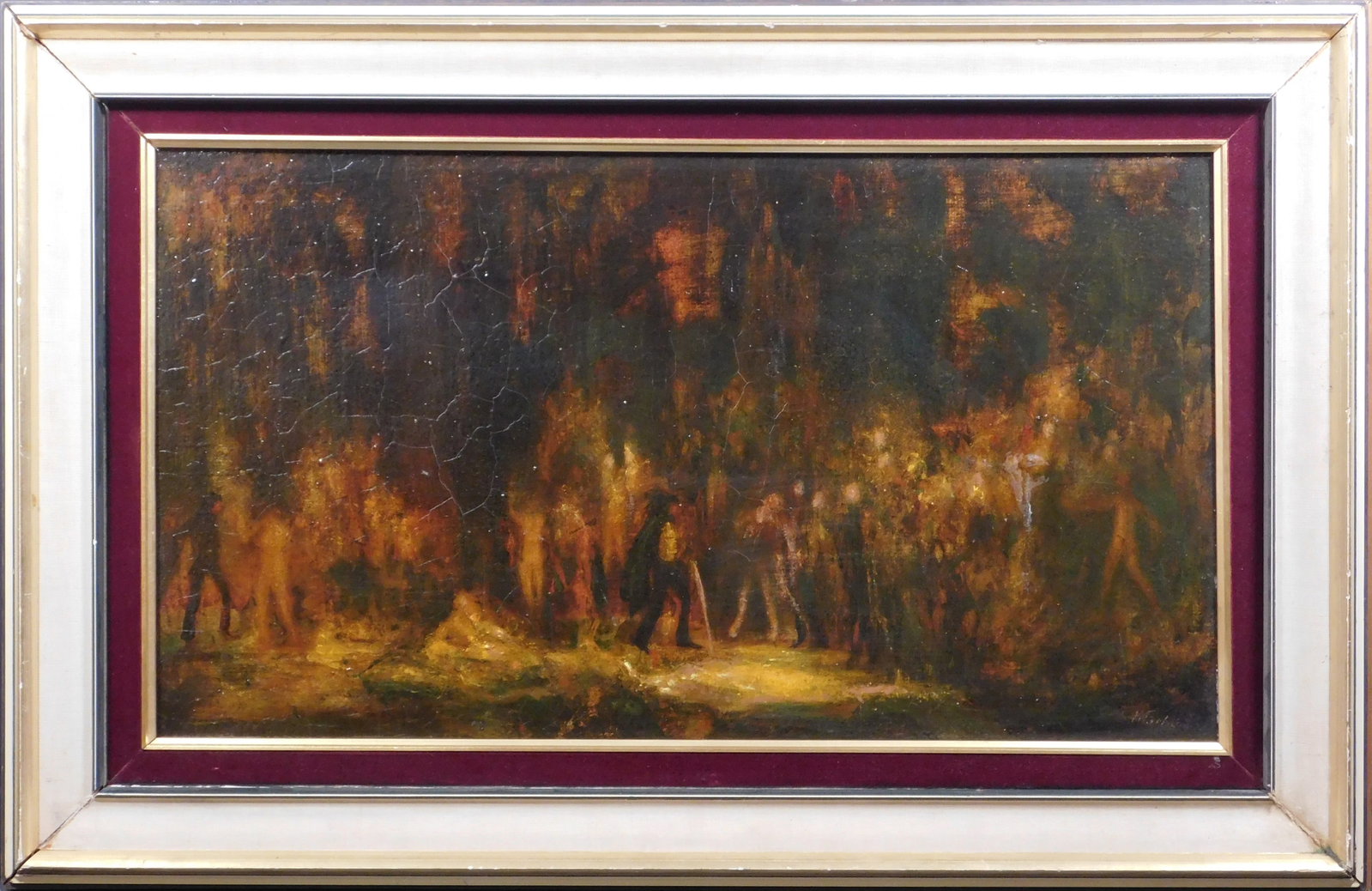 Dutch Scene, Follower of Rembrandt: Dutch Artist: Impressionist Scene in the earthy tones of Rembrandt. 20th Century. Oil on masonite, signed illegibly lower right, framed. 25 x 38.5 inches framed; 16.75 x 13.25 inches board. Private