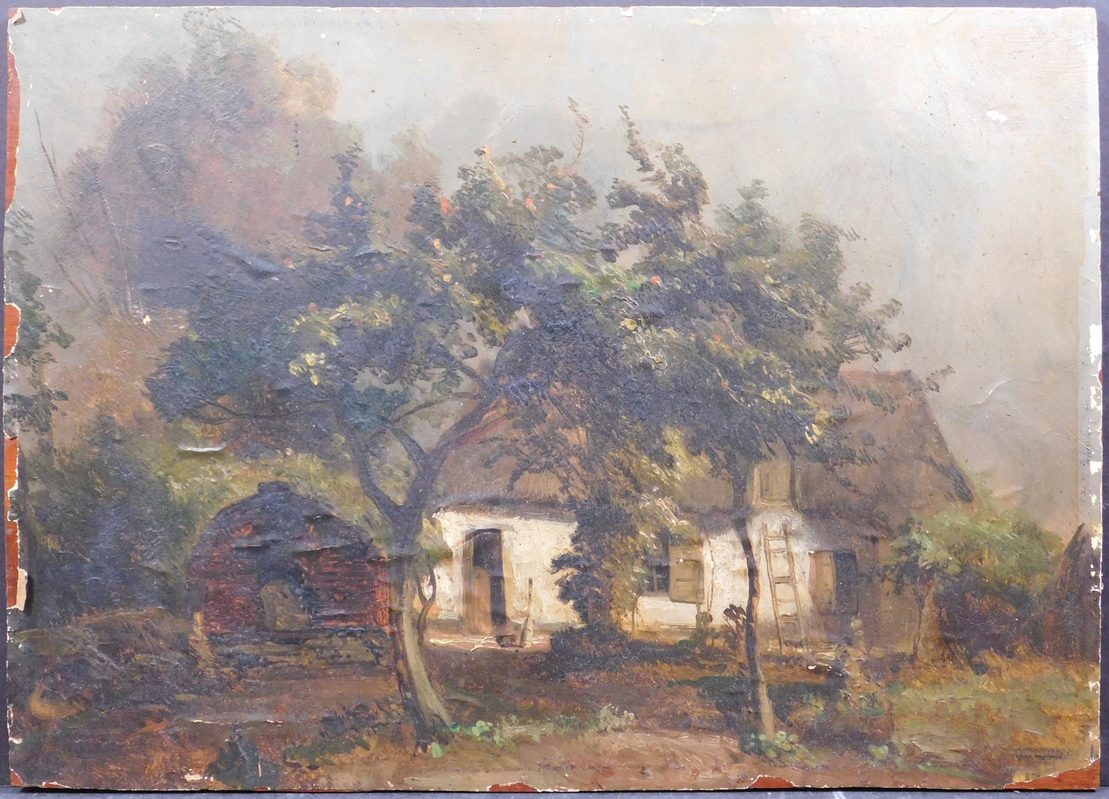 Continental School: Cottage: Continental School: Cottage, Oil on paper mounted to board unsigned, partial label verso from 1956. 12.25 x 17.5 inches board. North Carolina Estate, USA. Fair condition; paint/ paper loss around the