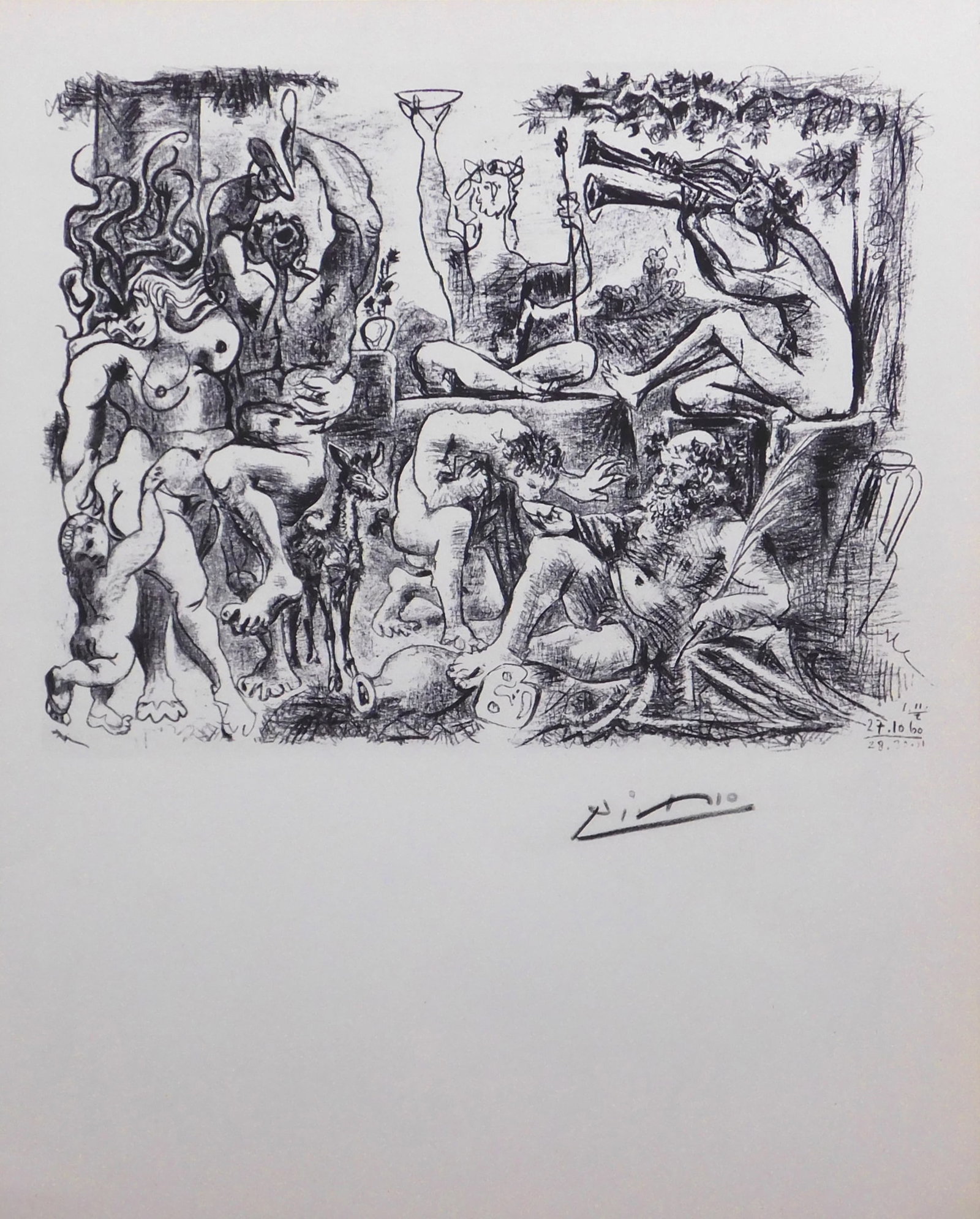 Style of Pablo Picasso: Bacchanal: Style of Pablo Picasso Spanish, 1881-1973) : Bacchanal. Double sided, offset lithograph from the Milton S. Fox edition, 1966, hand signed in graphite, unframed. This print is accompanied by a