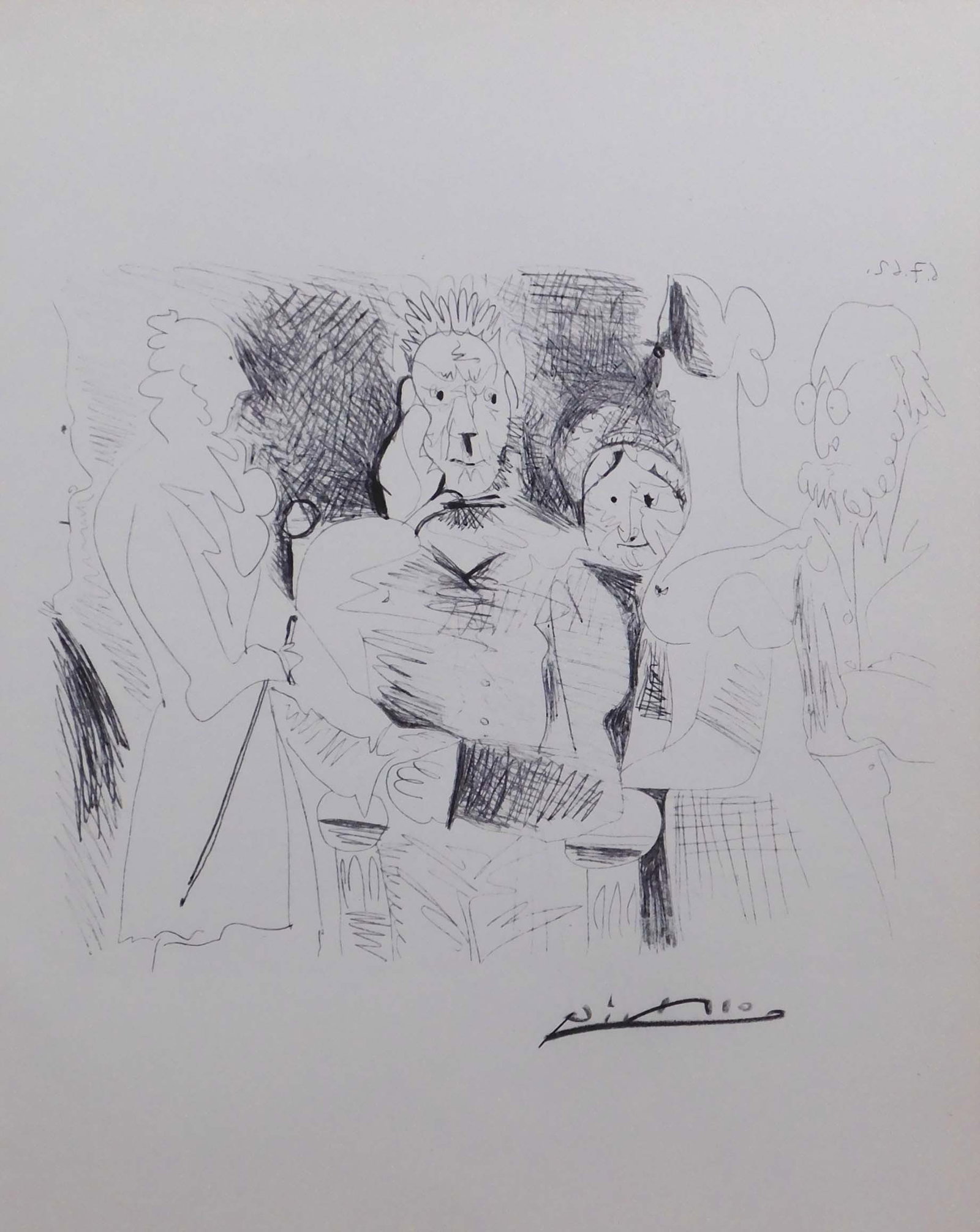 Style of Pablo Picasso: Gravure: Style of Pablo Picasso Spanish, 1881-1973) : Gravure. Offset lithograph from the Milton S. Fox edition, 1966, hand signed in graphite, unframed. This print is accompanied by a document from Grand