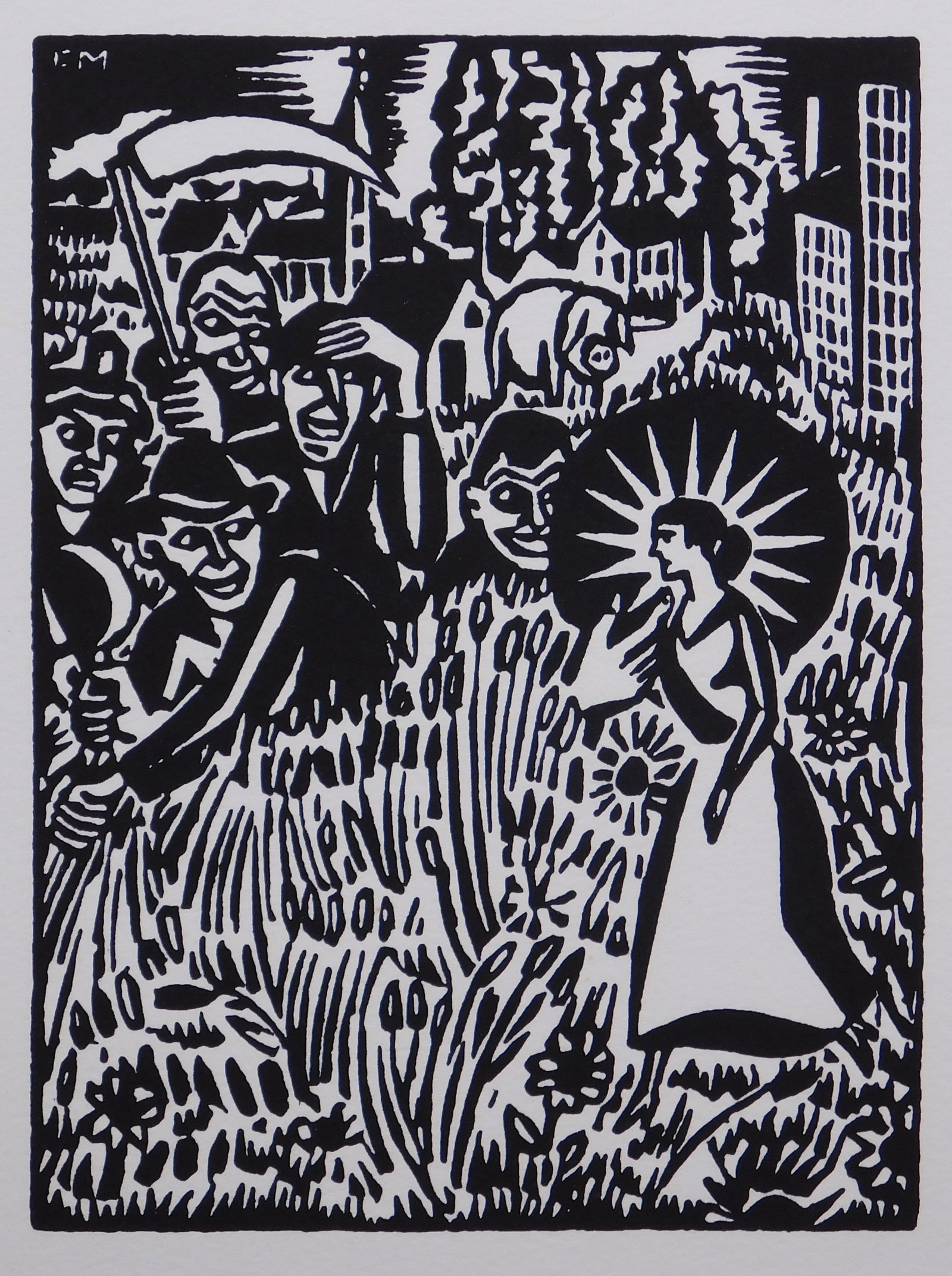 Frans Masereel: Turn of the Century City Scene: Frans Masereel (Belgian, 1889 - 1972): Turn of the Century City Scene. Linocut on archival paper, initialed in plate, mounted to mat, unframed. Frans Masereel was a Flemish painter and graphic artist