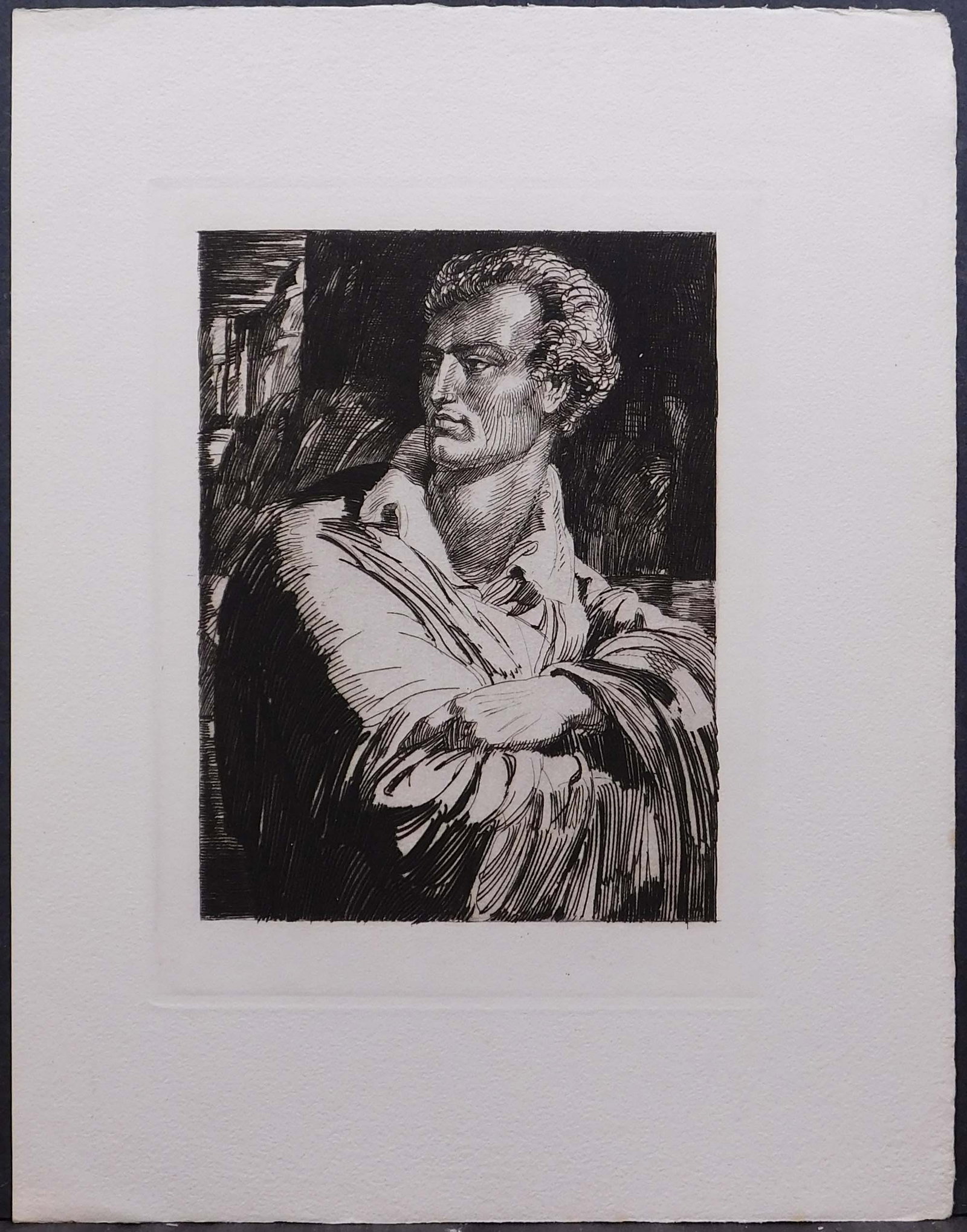 Albert Decaris : Portrait de Virgile: Albert Decaris (French, 1901-1988): Portrait de Virgile. Etching on paper, unsigned, unframed. Albert Decaris was a French artist, engraver, painter and Olympic Gold Medalist. 11 x 8.5 inches paper;