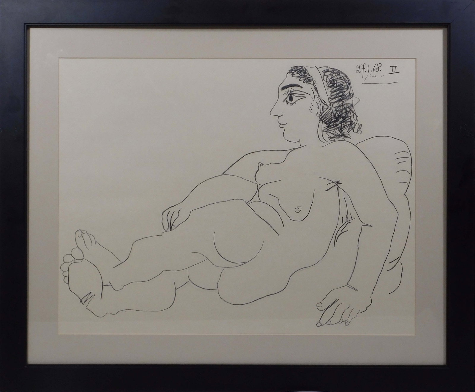 Pablo Picasso, Style of: Femme Nue Allongee: Pablo Picasso (Spanish, 1881-1973) Style of: Femme Nue Allongee, 27.1.68 II. Graphite on laid paper, signed and dated upper right, professionally framed. 26 x 31 1/8 inches framed; 18.5 x 23.5 inches