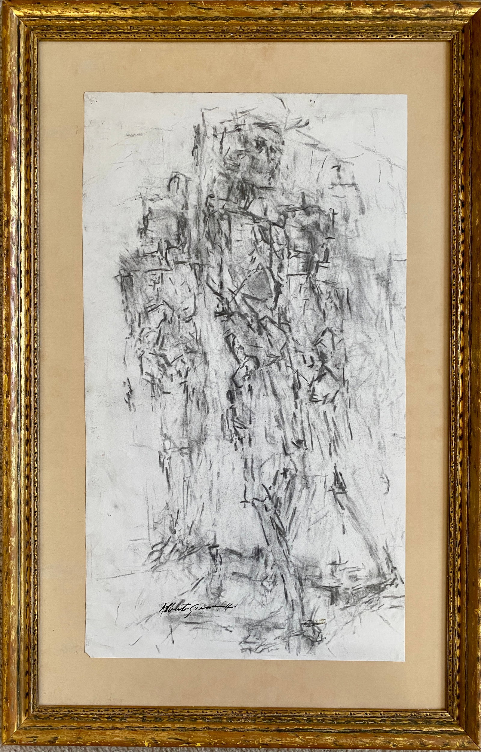 Style of Alberto Giacometti: Abstract Figure: Style of Alberto Giacometti (Swiss, 1901 - 1966): Abstract Figure. Charcoal on paper. Signed lower left. Framed. Alberto Giacometti was a Swiss sculptor, painter, draftsman and printmaker. Beginning