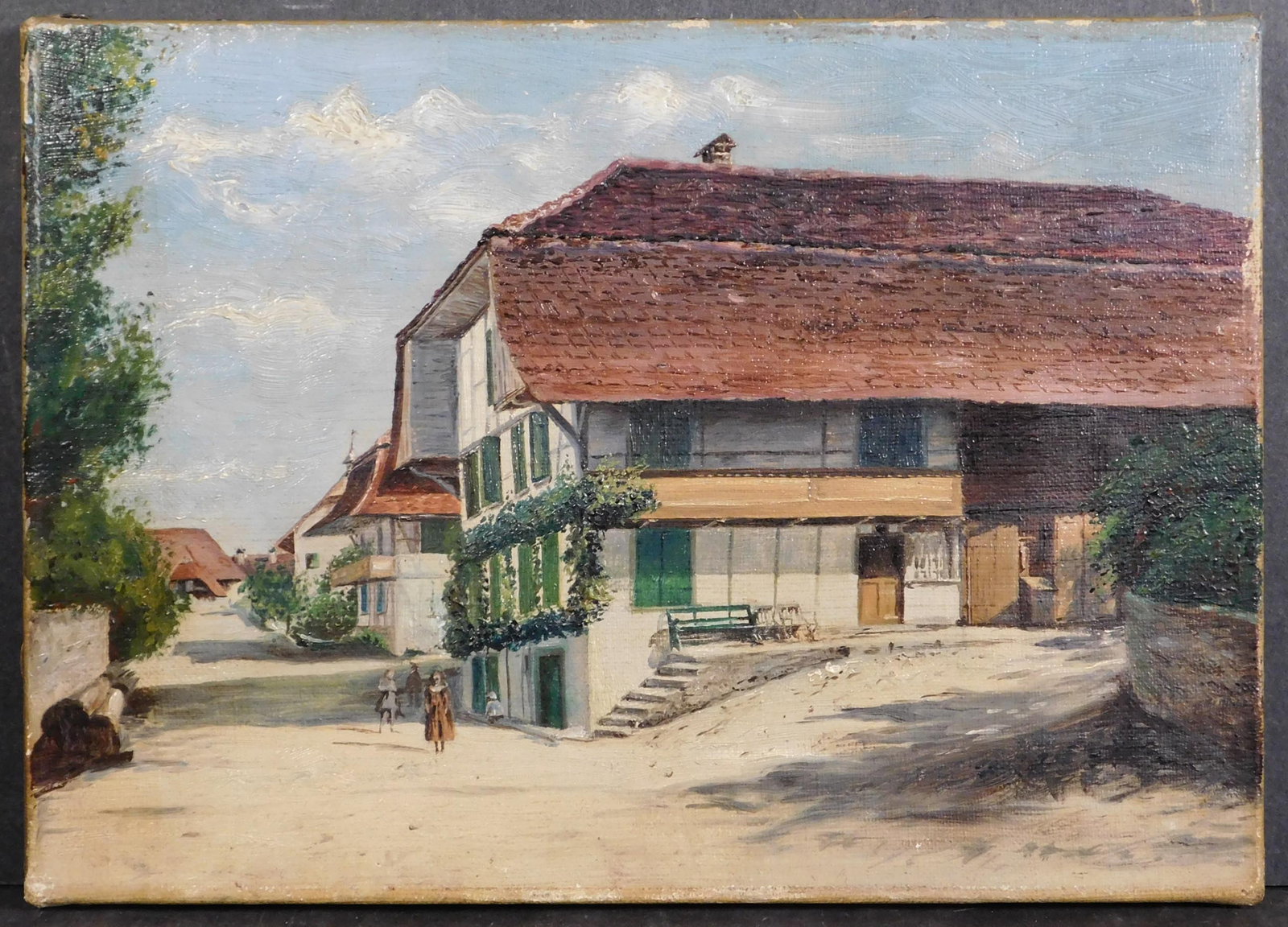 Continental School: 19th Century Village Scene: 19th Century Village Scene. Oil on canvas, unsigned, undated. Illegible markings in pencil on the stretcher verso. 7.5 x 10.75 inches canvas. Good condition with some ware around the edges of the