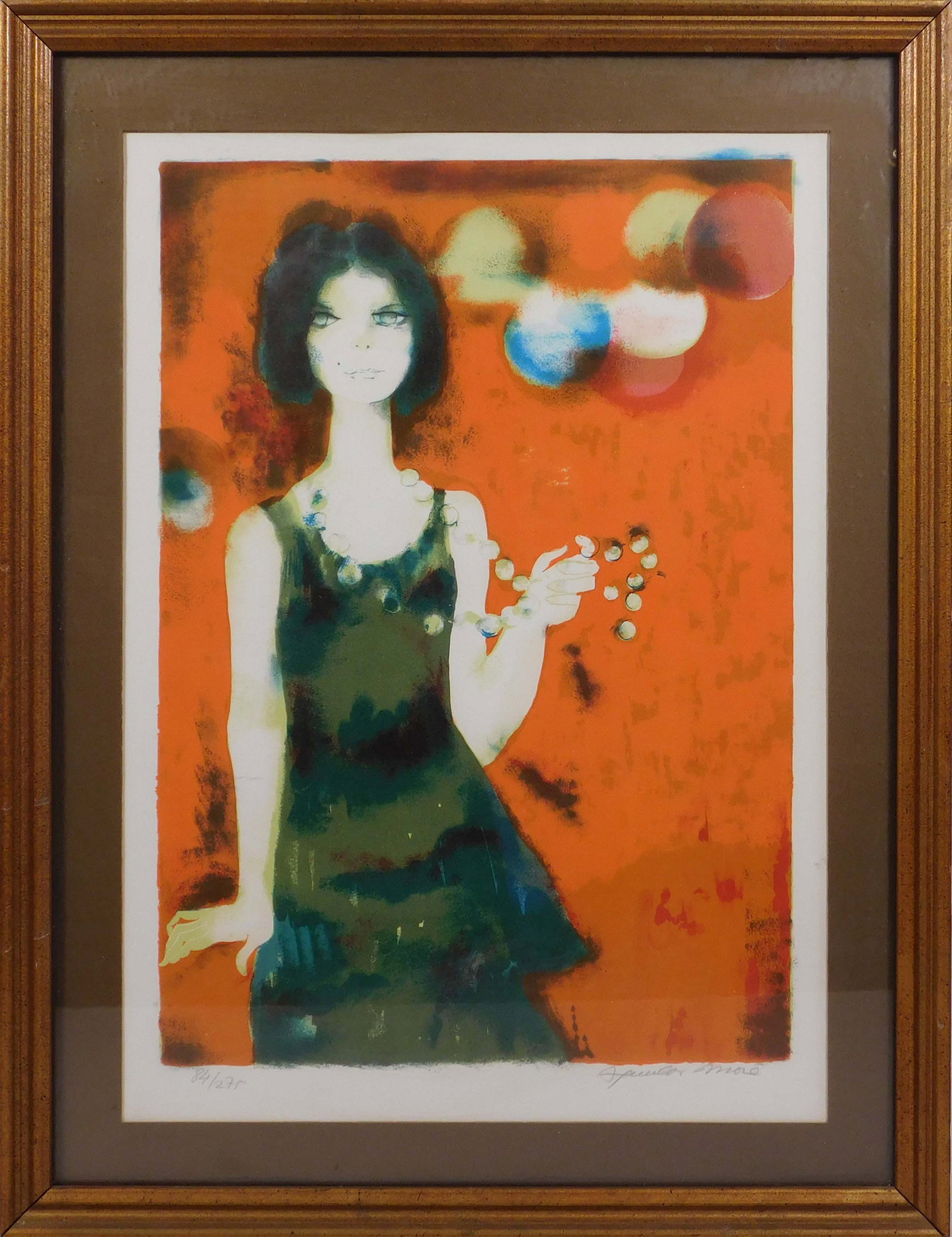 Ramon Aguilar More: Woman with a Pearl Necklace: Ramon Aguilar More (Spanish, 1924-2015): Woman with a Pearl Necklace. Lithograph on archival paper, signed and numbered (84/275) below, framed. Ramon Aguilar More is known for Modernist interior
