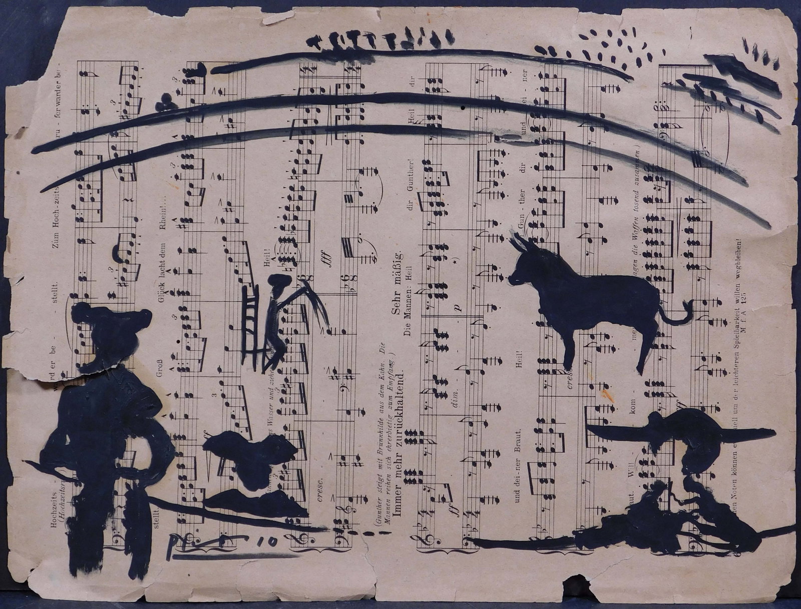 Pablo Picasso, Style of: Cerrida: Pablo Picasso (Spanish, 1881-1973) Style of: Cerrida. Painted ink on sheet music, signed lower left, decorative stamps, and labels verso. 9 x 12.25 inches paper. Private collection Quebec Good