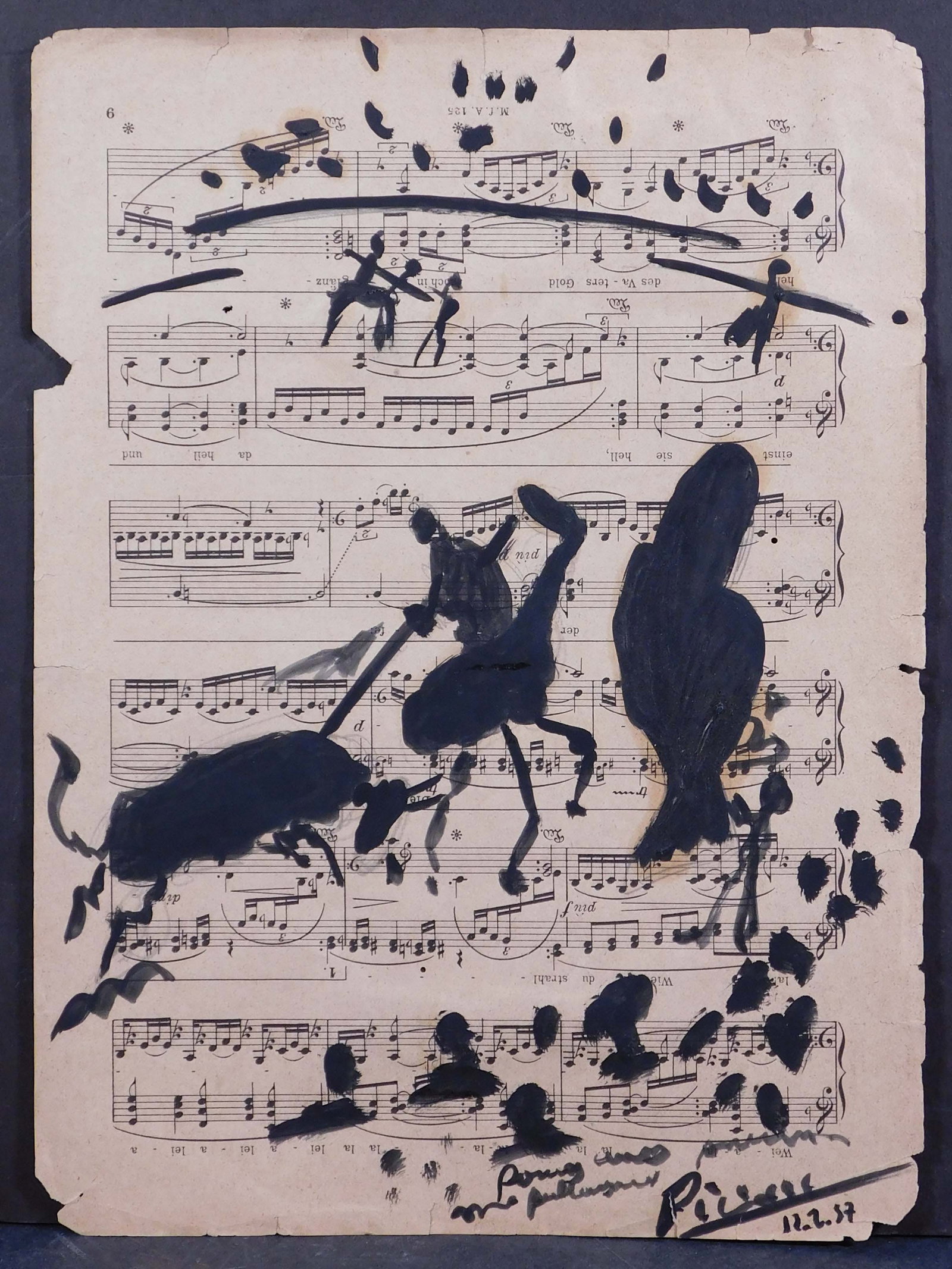 Pablo Picasso, Style of: Sans Titre, 11.2.57.: Pablo Picasso (Spanish, 1881-1973) Style of: Sans Titre, 11.2.57. Painted ink on sheet music, signed lower right, decorative stamps, and labels verso. 12.25x9 inches paper. Private collection Quebec