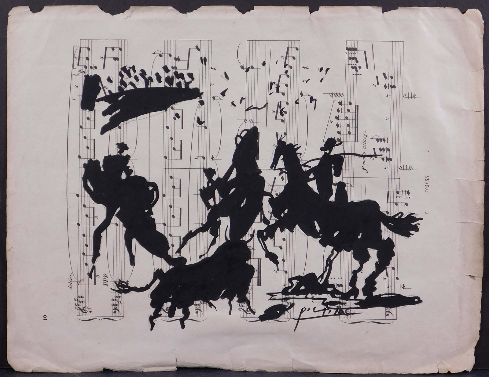 Pablo Picasso, Style of: Sin Titulo: Pablo Picasso (Spanish, 1881-1973) Style of: Sin Titulo. Painted ink on sheet music, signed lower right, decorative stamps, and labels verso. 10.25 x 13.5 Private collection Quebec Good condition,