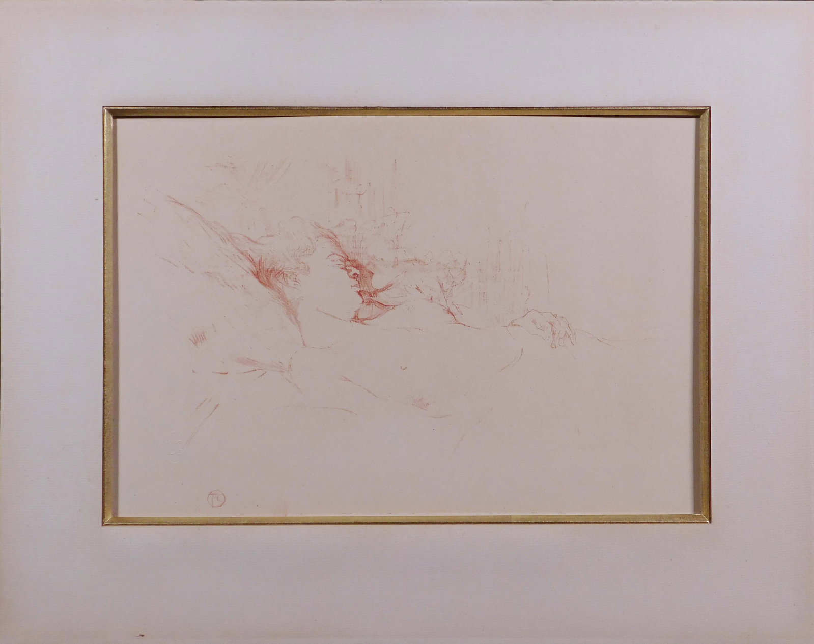 Henri de Toulouse-Lautrec: Le Sommeil: Henri de Toulouse-Lautrec (French, 1864 - 1901): Le Sommeil, 1948. Lithograph on cream paper, signed in plate, chop mark lower left, mounted in french matboard. 15.25 x 19.5 inches mat; 9.5 x 14