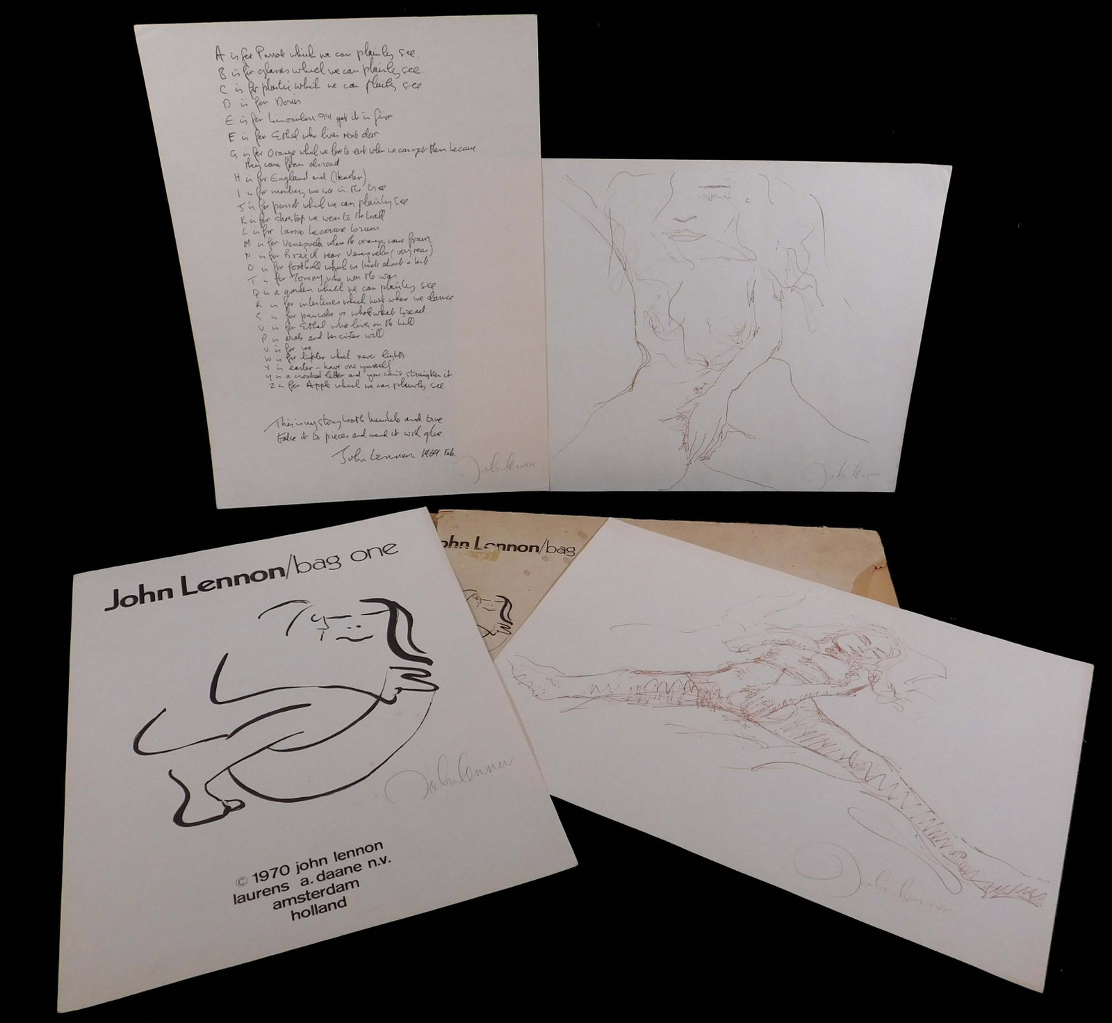 John Lennon: Partial folio of Bag One: John Lennon (British, 1940-1980): Partial folio of Bag One, 1970. (Cover, index and two lithographs) Offset lithographs on cream paper, from The Bag One Suite signed in plate. The Bag One Suite were