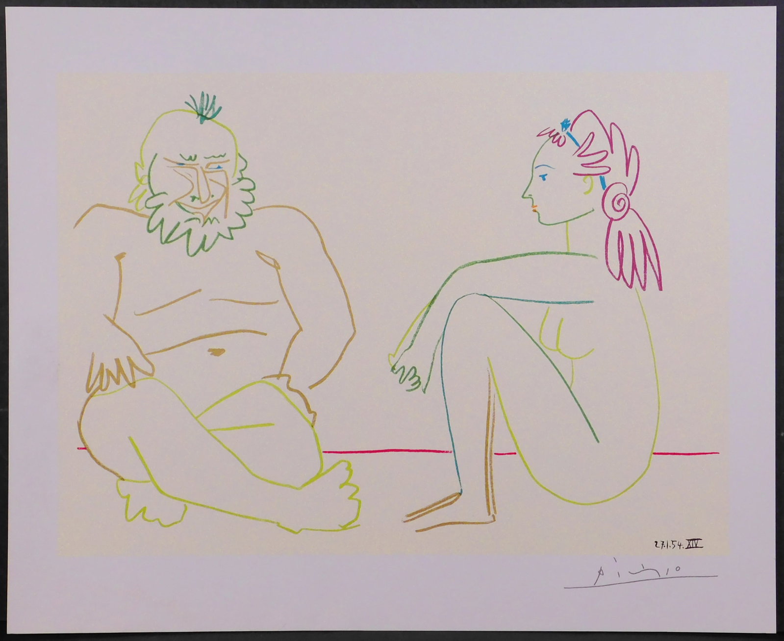 Style of Pablo Picasso: Homme et Femme Nue: Style of Pablo Picasso (Spanish, 1881-1973) : Homme et Femme Nue. Offset lithograph on paper, signed in pencil lower right, unframed. The signature on this work has not been verified. 12.25 x 15