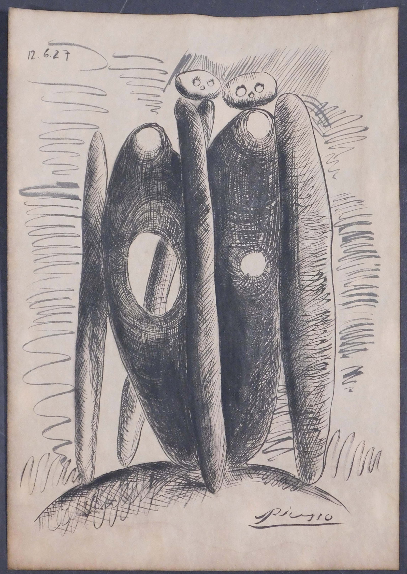 Style of Pablo Picasso: Giorno Normal: Style of Pablo Picasso (Spanish, 1881-1973) : Giorno Normal. Pen and Ink on paper, signed lower right, dated upper left (12.6.27), unframed, decorative stamps verso. The signature on this work has
