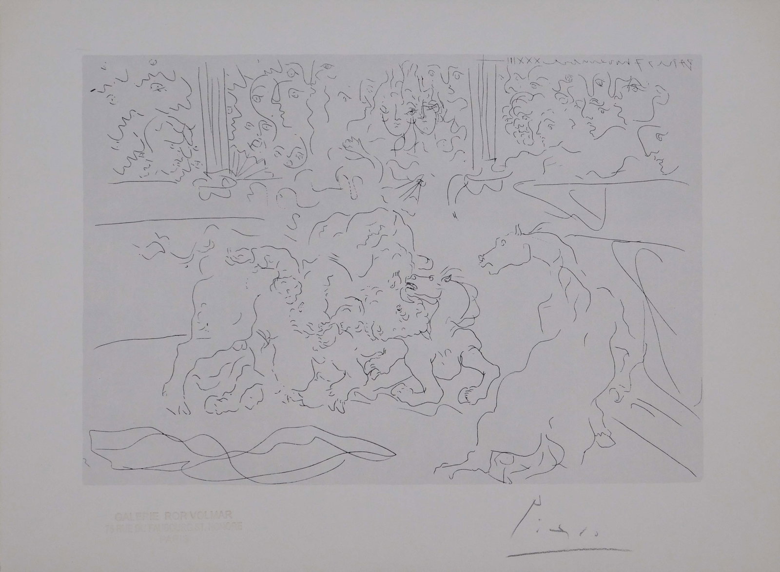 Style of Pablo Picasso : Colosseum: Style of Pablo Picasso (Spanish, 1881-1973: Colosseum. Vintage color gravure, unframed, signed in pencil lower right, decorative stamp lower left. The signature on this work has not been verified. 8