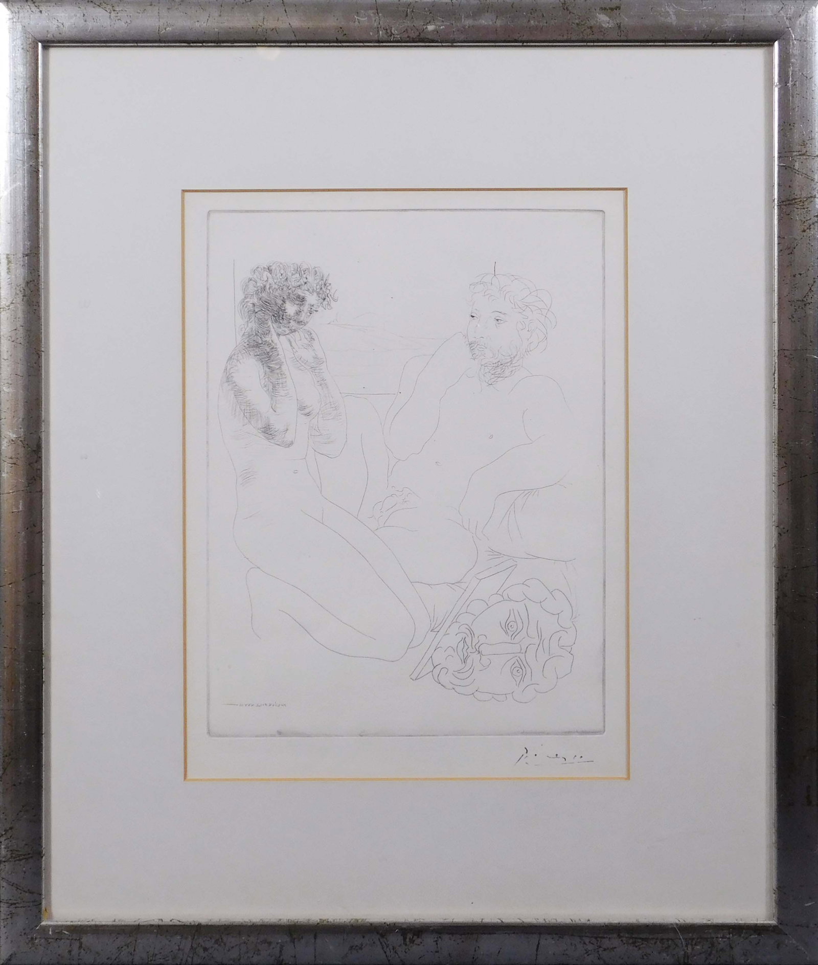After Pablo Picasso : Sculpteur, Modele Accroupi et Tete Sculptee: After Pablo Picasso (Spanish, 1881-1973) : Sculpteur, Modele Accroupi. Etching on paper, signed in pen and ink lower right, paper has Arches watermark, framed.? The signature on this work has not
