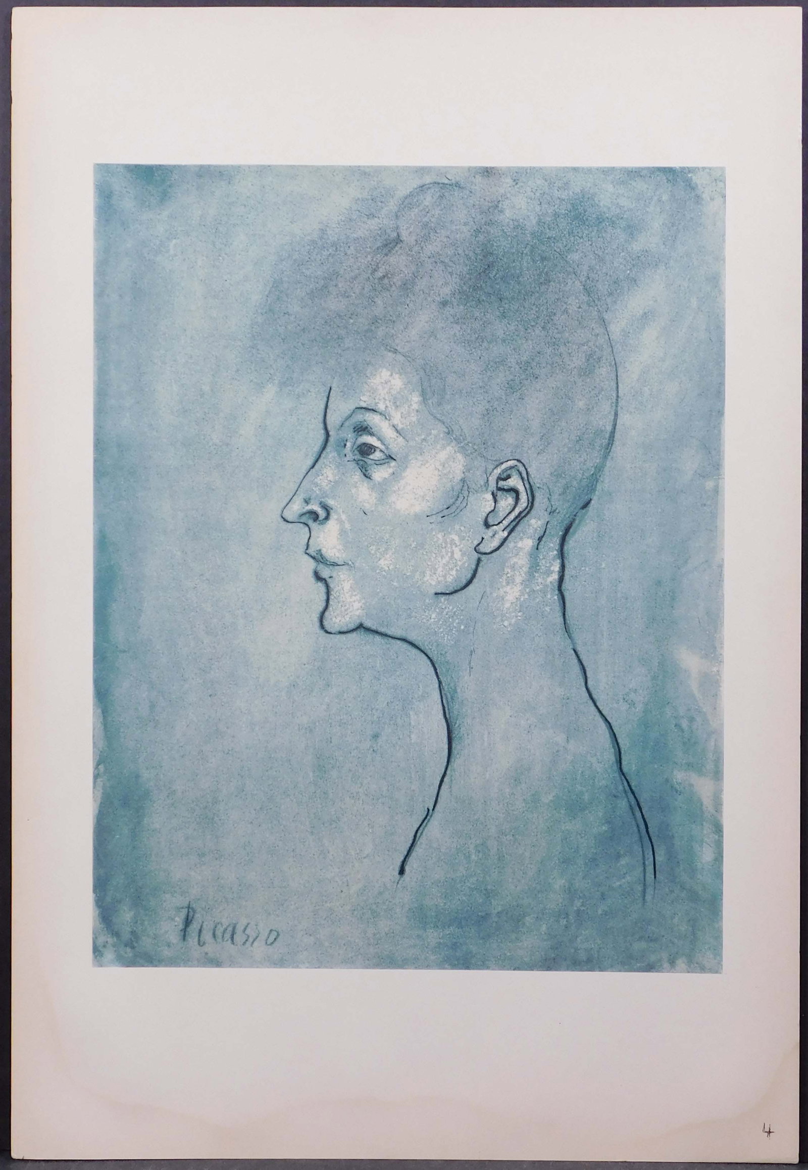 Pablo Picasso : Blue Period Portrait: Pablo Picasso (Spanish, 1881-1973) : ?Blue Period Portrait. Vintage collotype with pochoir print from a 1946 Picasso-authorized portfolio of his most famous drawings, titled "Picasso Fifteen