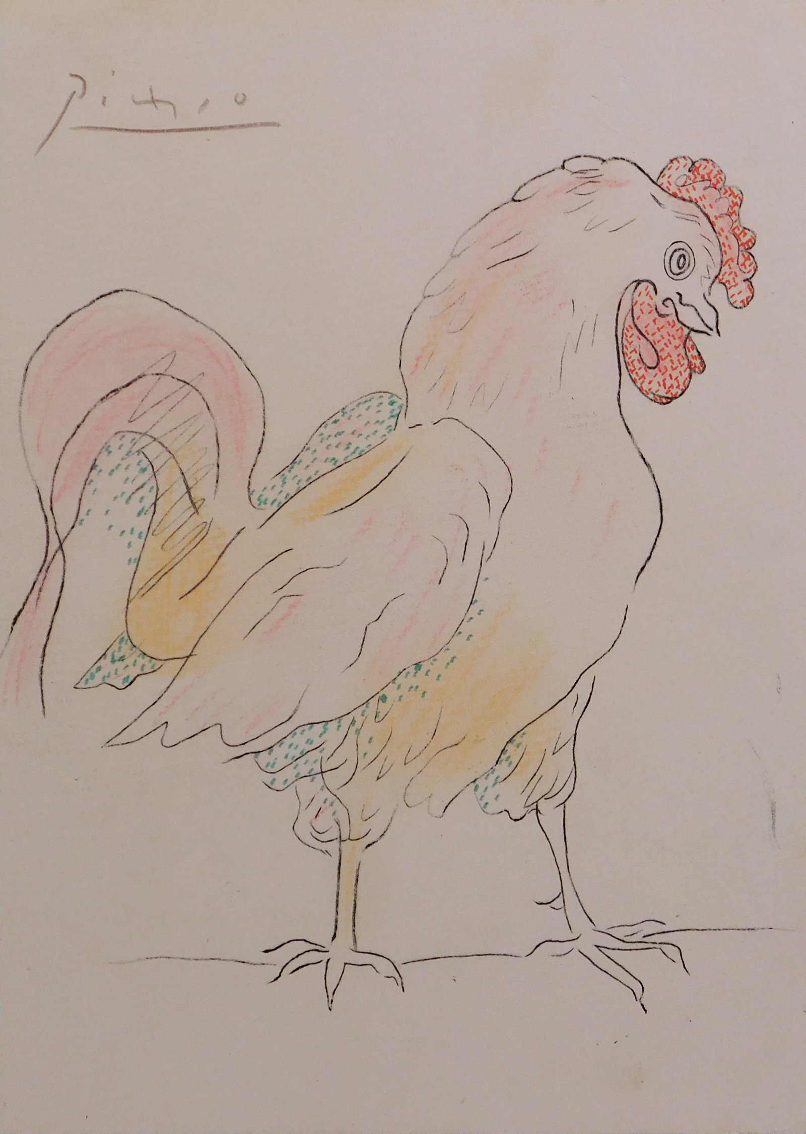 Style of Pablo Picasso: Rooster: Style of Pablo Picasso (Spanish, 1881-1973): Rooster. Hand colored lithograph on paper, signed upper left. 11.25 x 8 inches paper. Private collection, Canada. Very good condition; lower left edge of