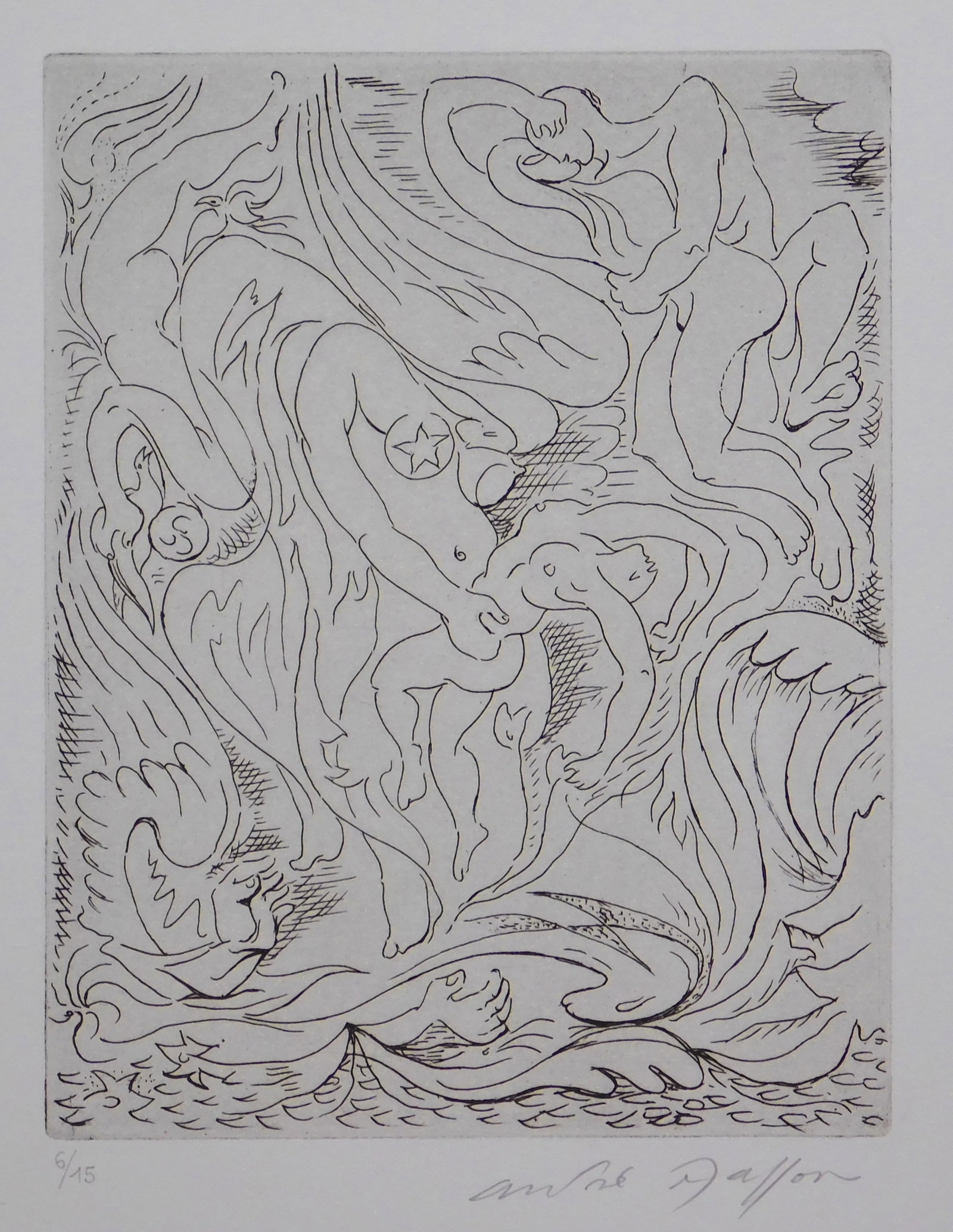 After Andre Masson: Abstract Figures: After Andre Masson (French, 1896-1981): Abstract Figures. Etching on paper, signed and numbered (6/15) in pencil below, unframed. Andre Masson was a French cubist and surrealist painter who was one