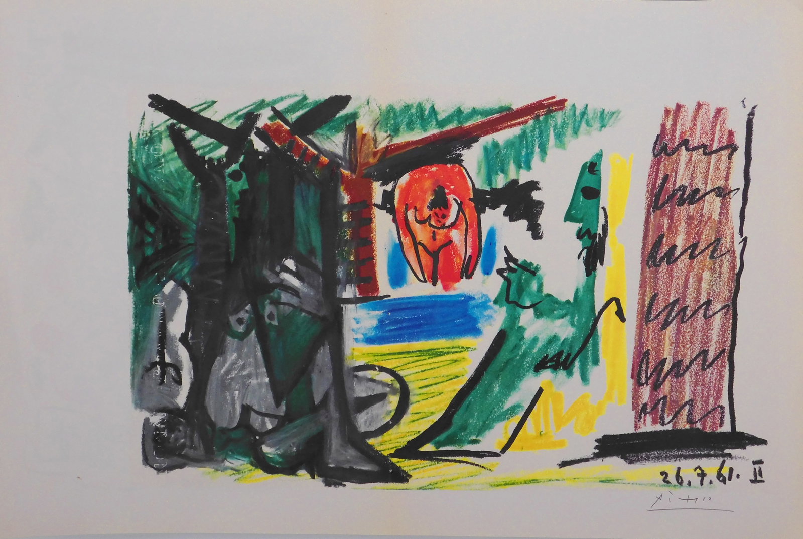 After Pablo Picasso: Les Dejeuners: After Pablo Picasso (Spanish, 1881-1973): Les Dejeuners, 1962. Double sided offset lithograph on paper, signed in pencil lower right, unframed. 14 x 20.25 inches with margins. Private collection,