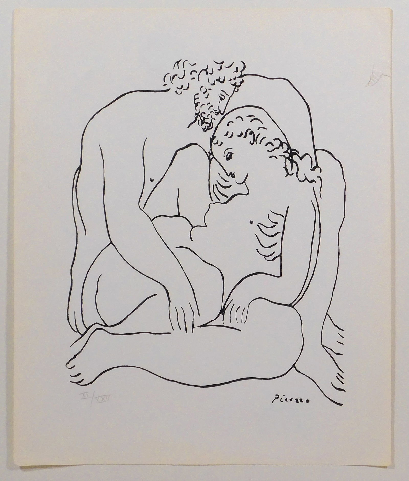 Style of Pablo Picasso: Entangled Figures: Style of Pablo Picasso (Spanish, 1881-1973): Entangled Figures. Lithograph on paper mounted to matboard, signed in plate, numbered in pencil (XI/XXV), unframed. 18 x 15.5 inches mat board; 16 x 13