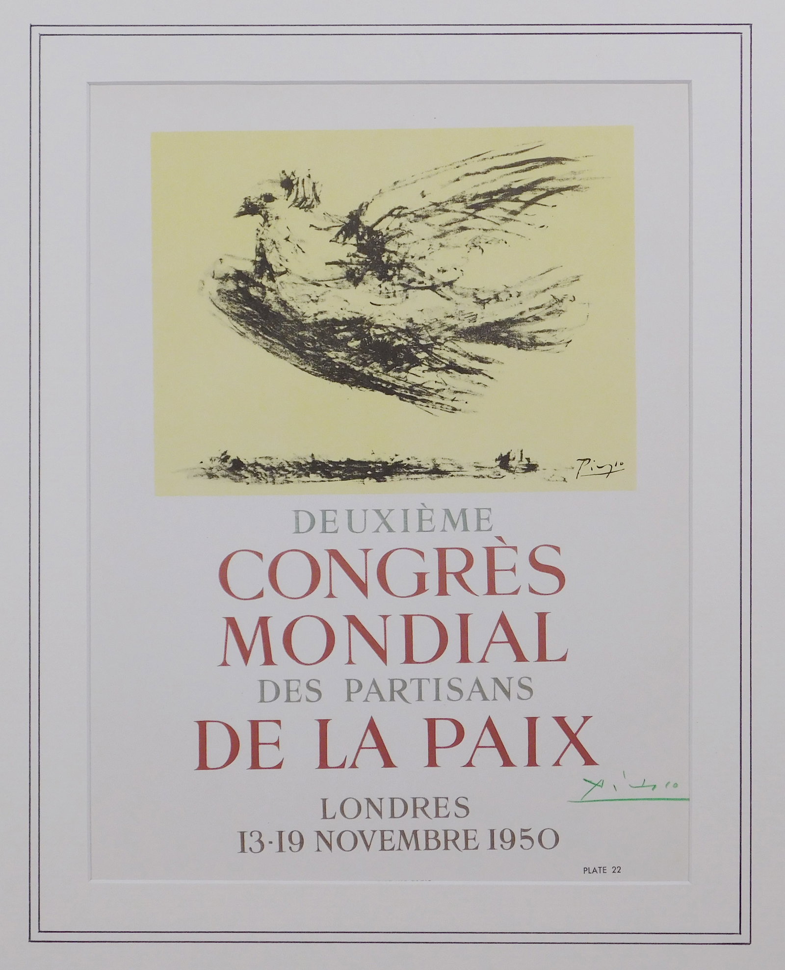 After Pablo Picasso: Deuxieme Congres?: After Pablo Picasso (Spanish, 1881-1973): Deuxieme Congres Mondial des Partisans de la Paix. Offset lithograph reproduction, signed in the plate, additional unverified autograph signature in colored