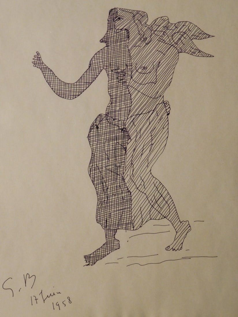 Georges Braque, Attributed: Angel: Georges Braque (France, 1882-1963) Attributed/ in the manner of the artist: Angel, Signed G.B. and dated 17 Juin 1958. Ink drawing on buff-colored paper. Unframed. 11.12x15 in Estate of Silvio Aguayo