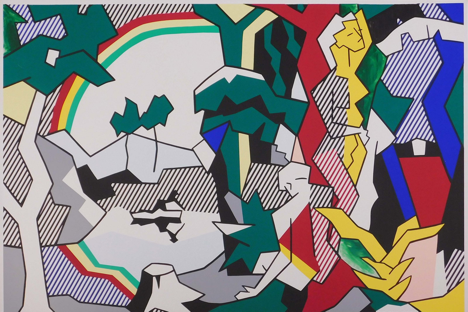 Roy Lichtenstein: Landscape With Figures and Rainbow: Roy Lichtenstein (American, 1923 - 1997): Landscape With Figures and Rainbow, 1989. Serigraph, unsigned; unframed. Roy Fox Lichtenstein was an American pop artist. During the 1960s, along with Andy