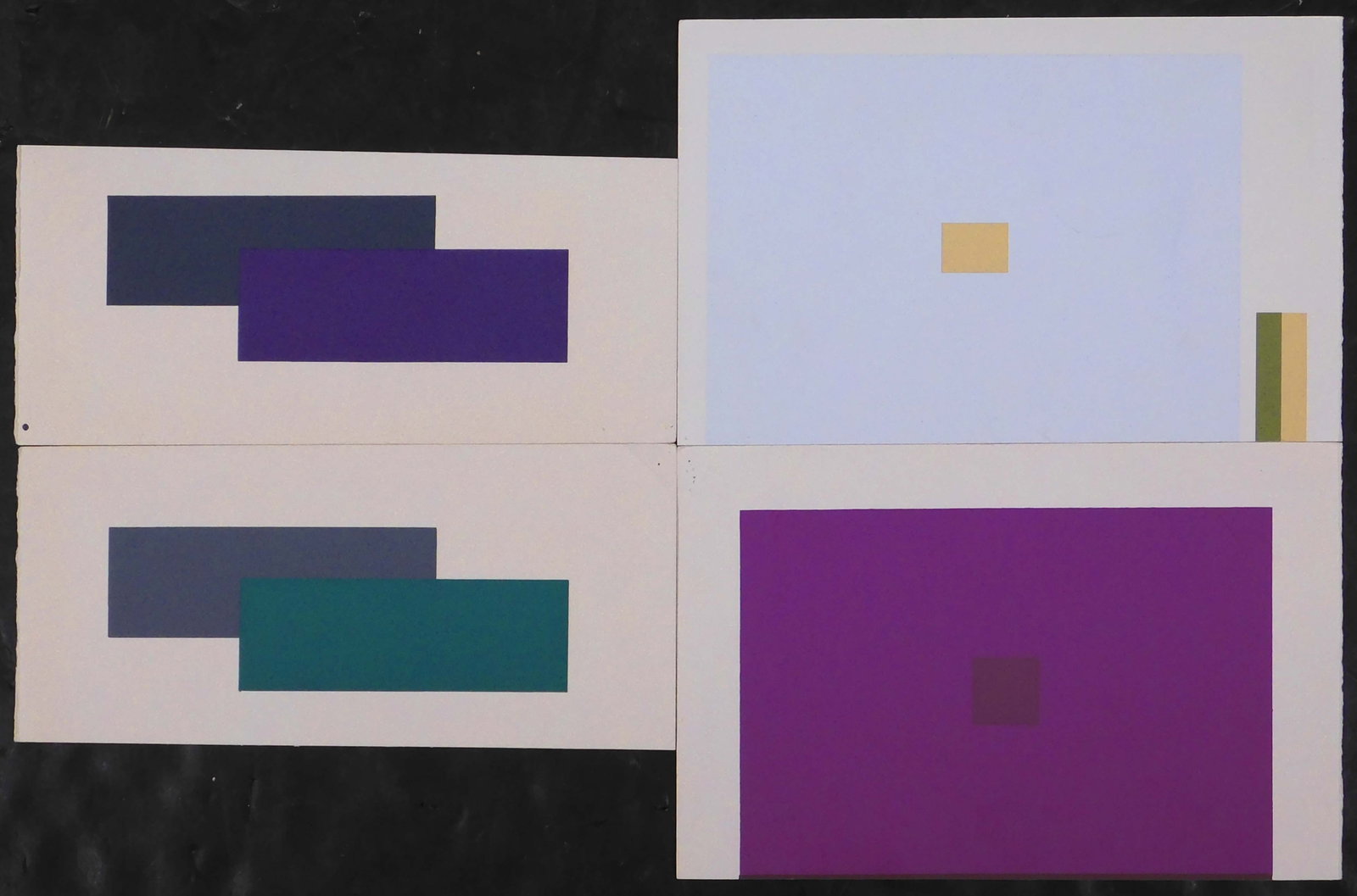 Josef Albers : Four Interaction of Color Production Tests: Josef Albers (German, 1888 - 1976): Four Interaction of Color Production Tests. Silkscreens on cream colored rag paper, unsigned, unframed. A prolific 20th-century artist, known primarily for his