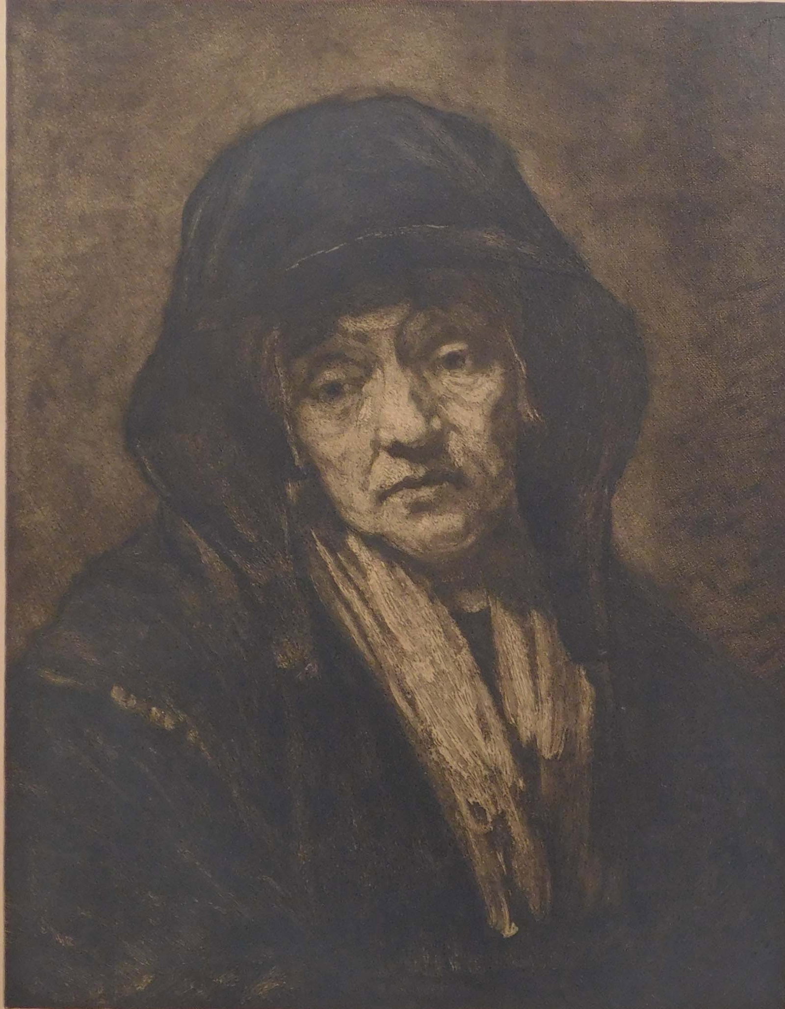 After Rembrandt van Rijn: Old Woman in a Chair: After Rembrandt (Dutch, 1606-1669): Old Woman in a Chair, Early 20th Century. Steel engraving on paper mounted to carboard, framed. Rembrandt Harmenszoon van Rijn, usually simply known as Rembrandt,