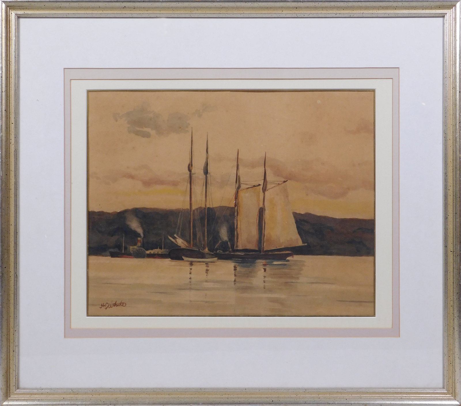 Bay with Sailboats: Bay with Sailboats, late 19th Century. Watercolor on paper, framed, signed lower left. 19.25 x 21.75 inches framed; 10.5 x 13.5 inches sight. Private Collection, New England. Good condition, paper is