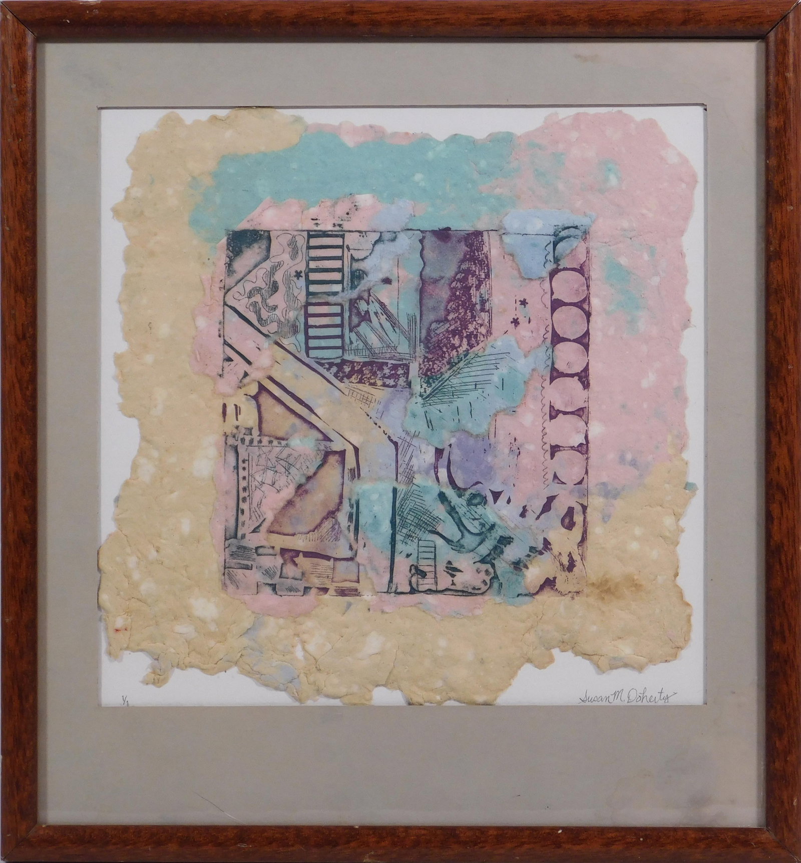 Susan M. Doherty : Modern Abstract Composition: Susan M. Doherty (Australian, 20th Century): Modern Abstract Composition. Monoprint Etching on handmade paper, ED. 1/1, signed lower right, framed. 13.5 x 12.5 inches framed; 9.25 x 9.25 inches