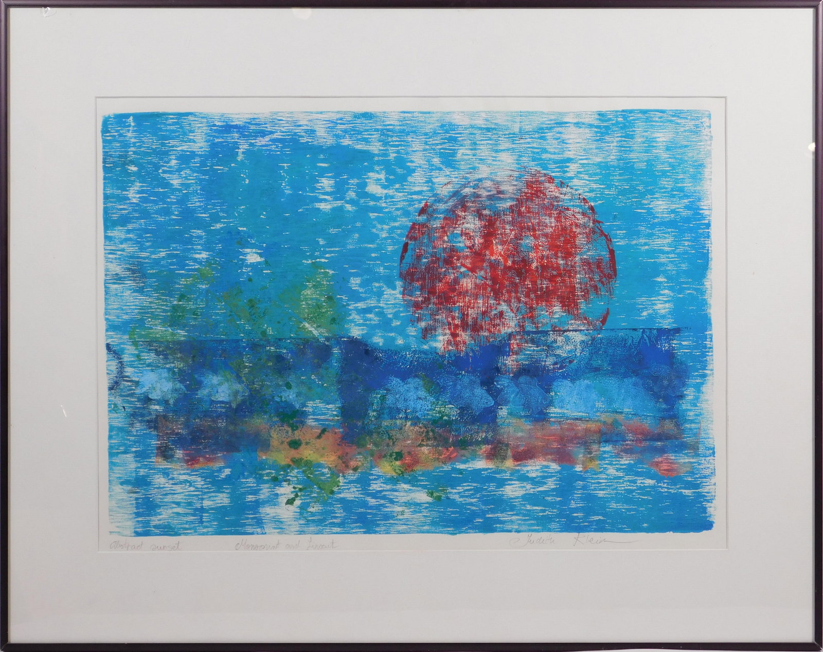 Judith Klein: Blue Ocean Red Sun: Judith Klein (Romanian/American, 20th Century): Blue Ocean Red Sun. Monoprint and linocut, titled and signed below, framed. From the Artist's website: My work, which includes painting (oil, acrylic,