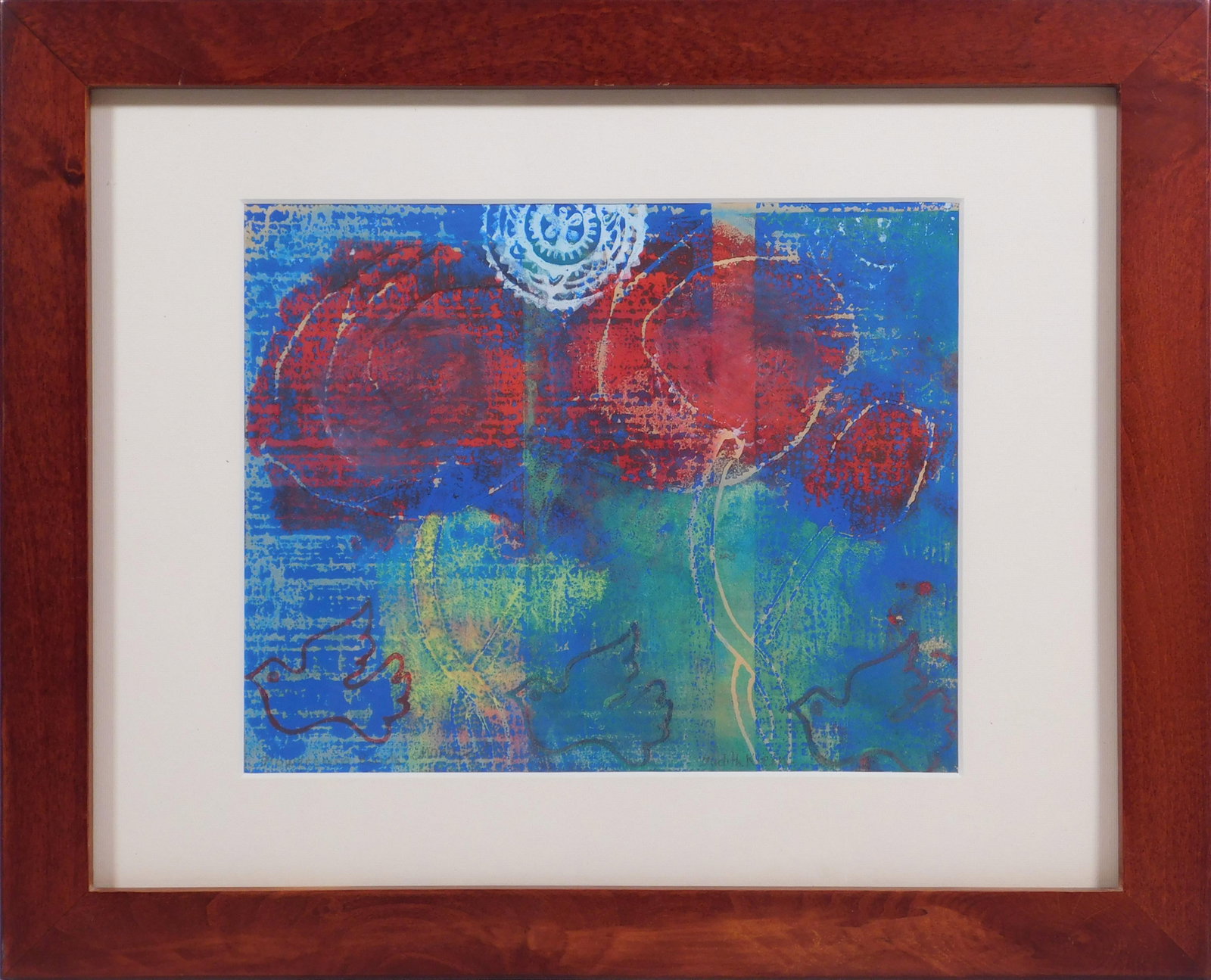 Judith Klein: Doves: Judith Klein (Romanian/American, 20th Century): Doves. Monoprint on paper, signed below, framed. From the Artist's website: My work, which includes painting (oil, acrylic, mixed media, and gouache),