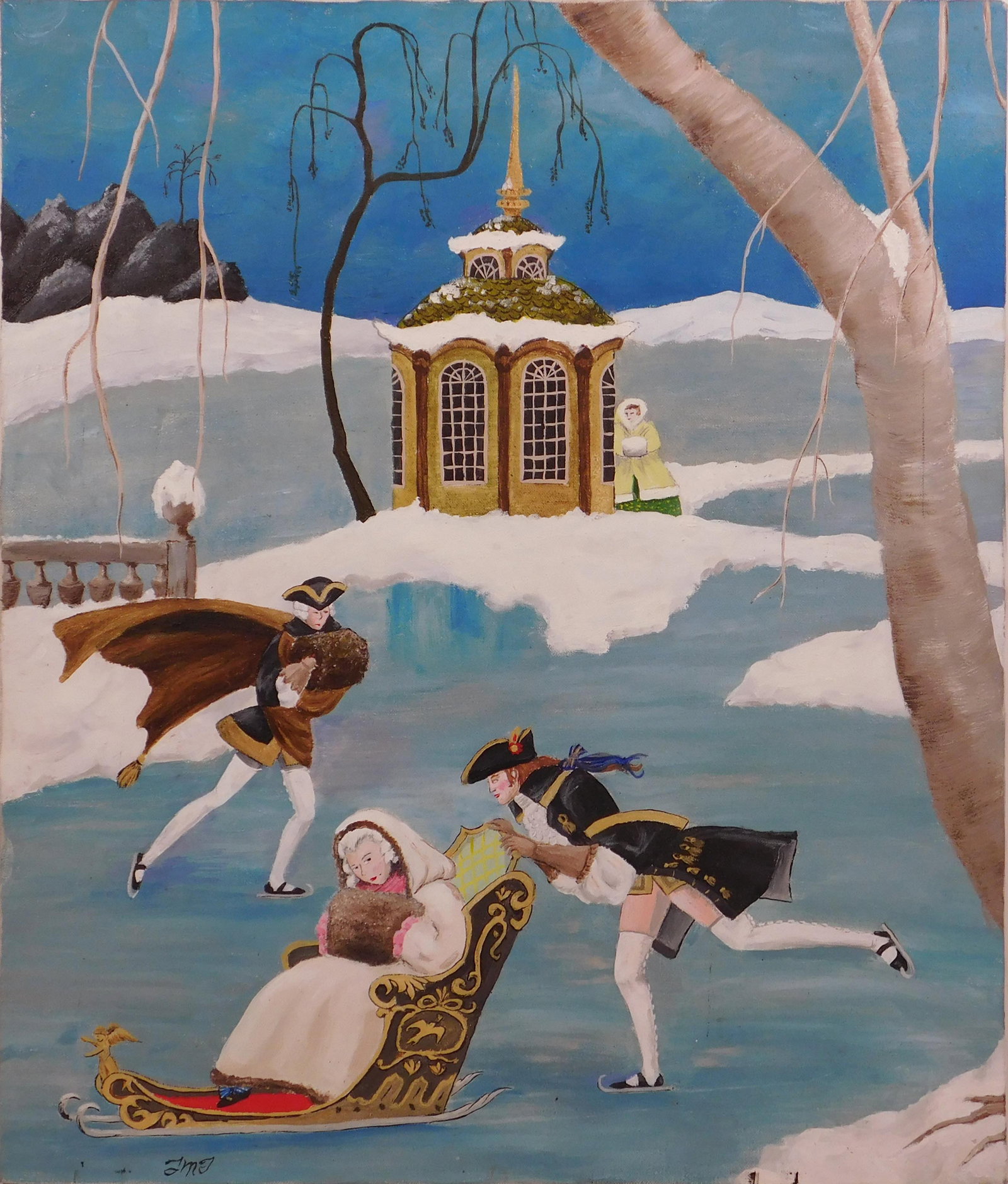 Ice Skating Winter Scene: Ice Skating Winter Scene. Acrylic on canvas, artist initials "JMJ" lower right, unframed. 20 x 24 inches. Private collection, New England. Good condition. NOTE: If documentation is not listed, the