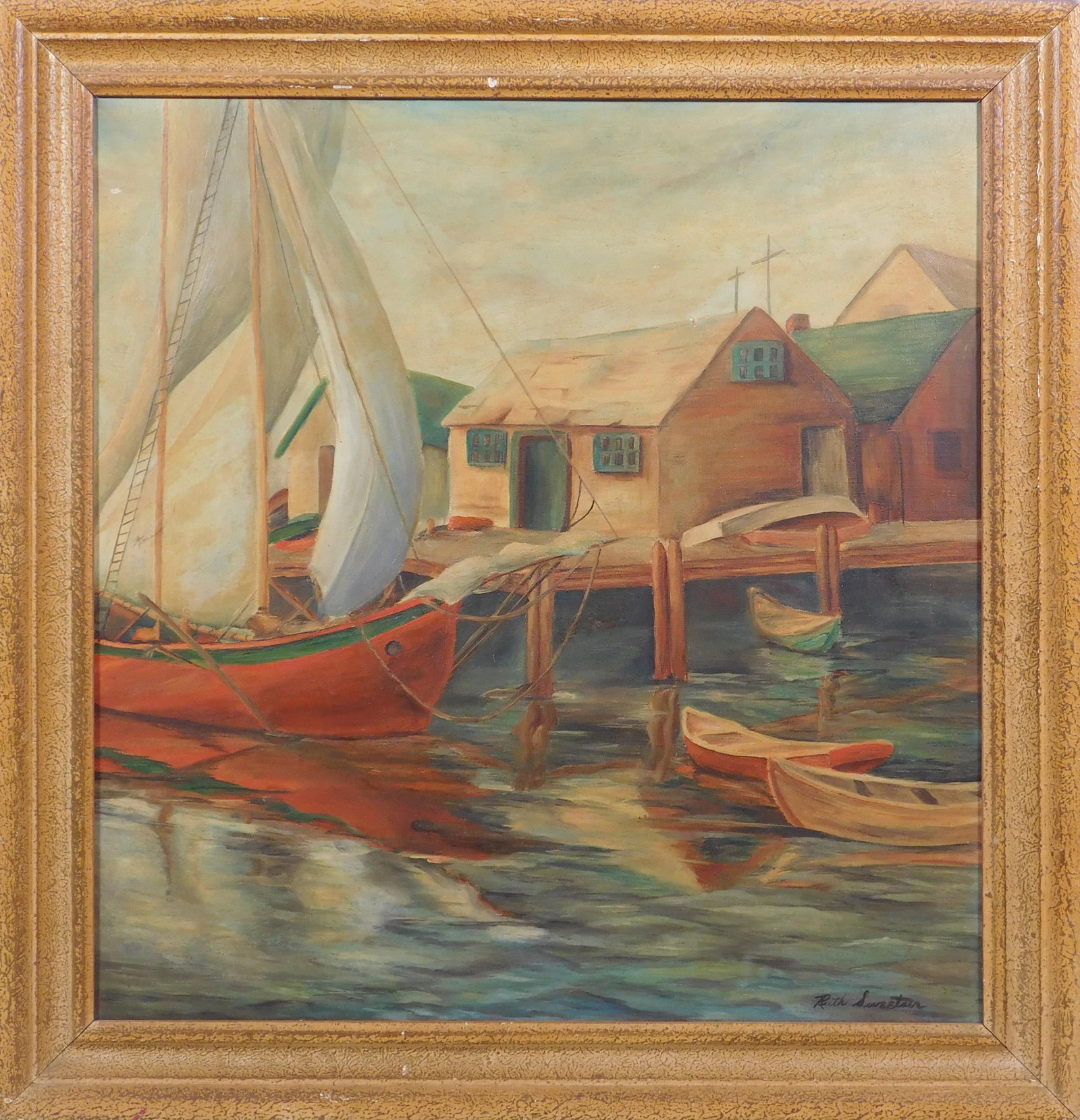 Ruth Sweetser: Gloucester/Rockport: Ruth Sweetser (Cape Ann School): Gloucester/Rockport. Oil on canvas, signature lower right, framed. 18.75 x 19.5 inches sight, 23 x 24 inches framed. Private collection, New England. Good condition.