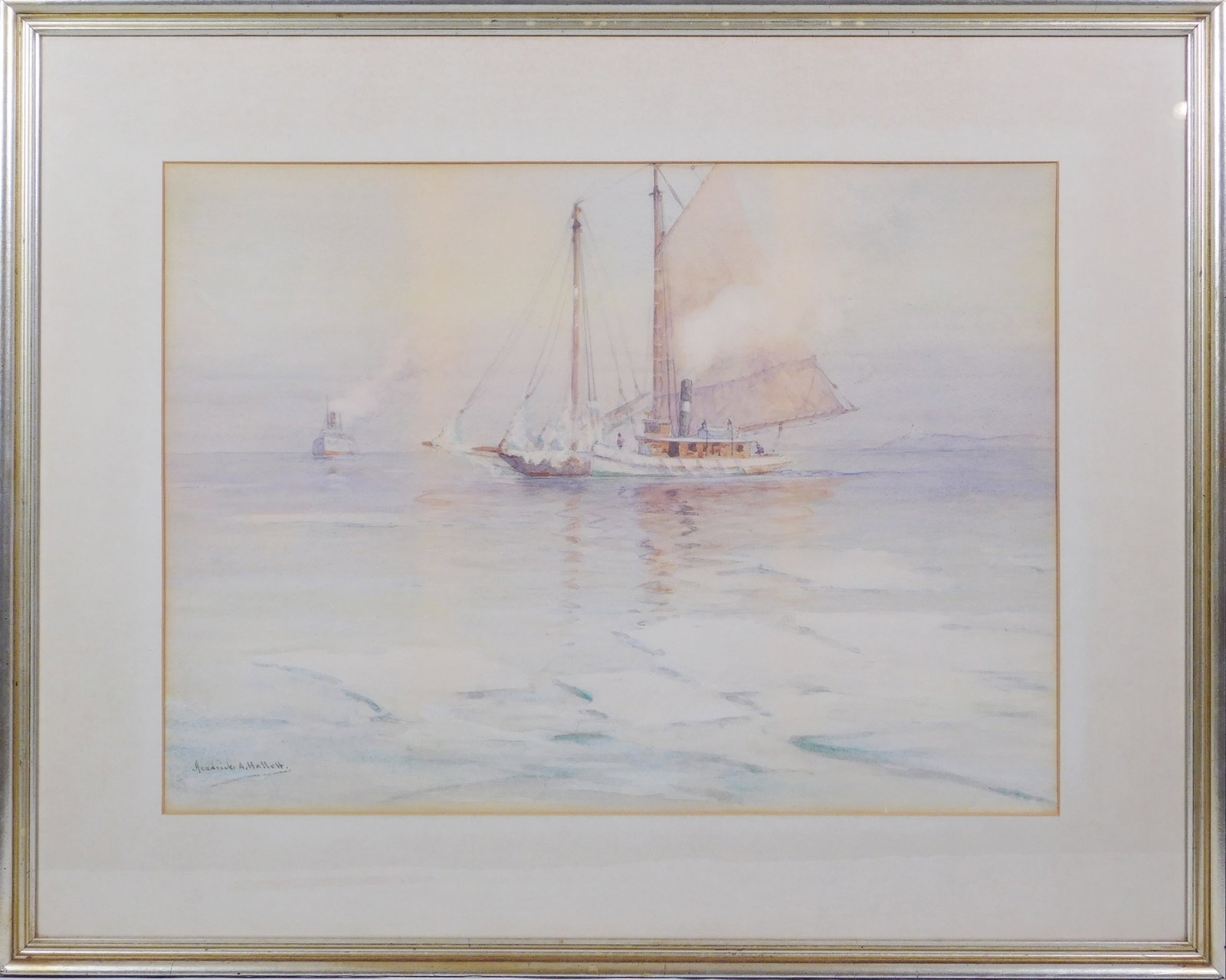 Hendricks A. Hallett: Maritime Scene: Hendricks A. Hallett (American, 1847 - 1921): Maritime Scene. Watercolor on paper, signed lower left , framed. Born in Charlestown, Massachusetts, Hendricks Hallett studied in Antwerp and Paris. Best