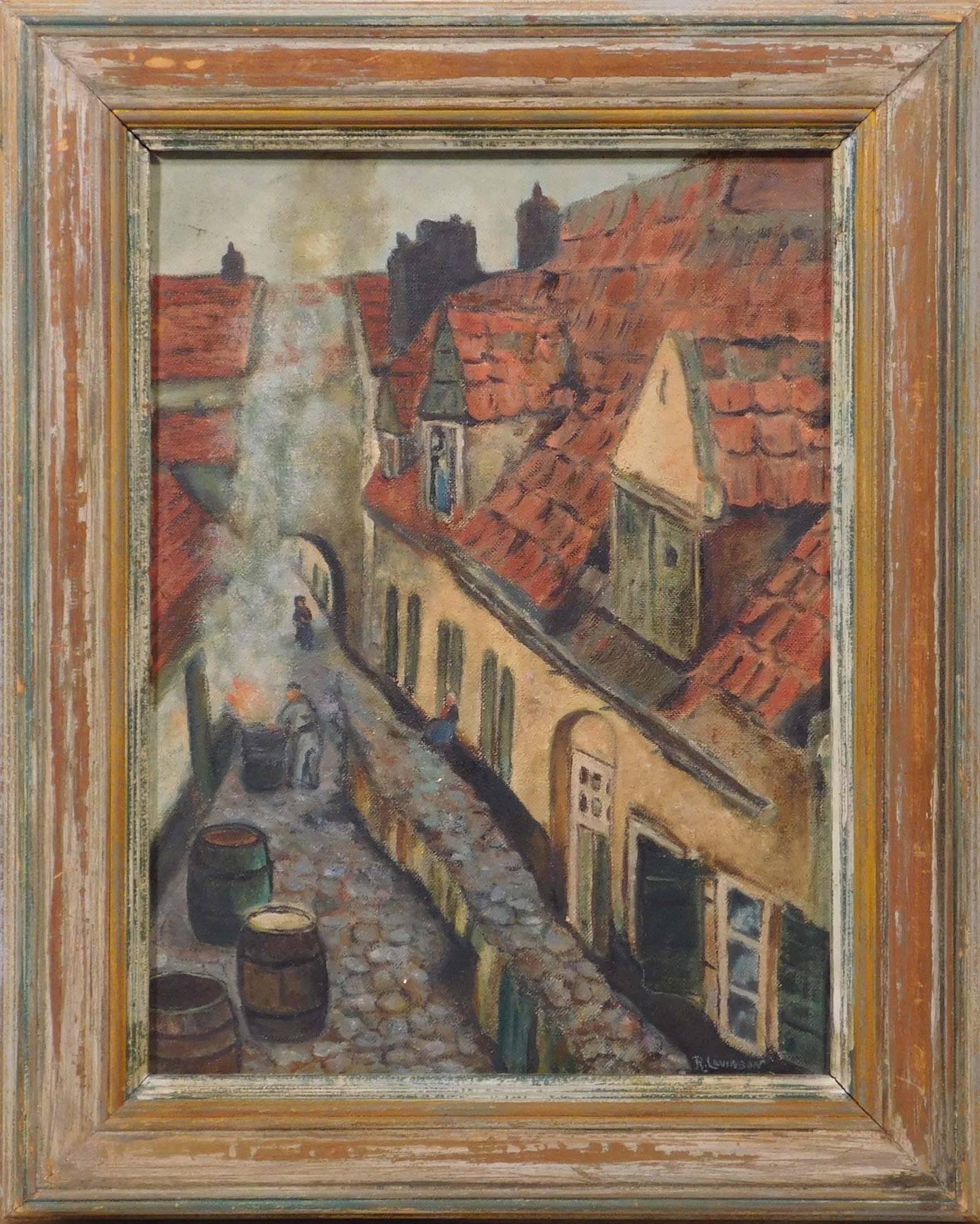 R. Levinson: Cobbled European Street: R. Levinson (20th Century): Cobbled European Street. Oil on canvas board, signed lower right, framed. 15.5 x 12.5 inches framed; 12 x 9 inches canvas. Private collection, New England, USA. Very good